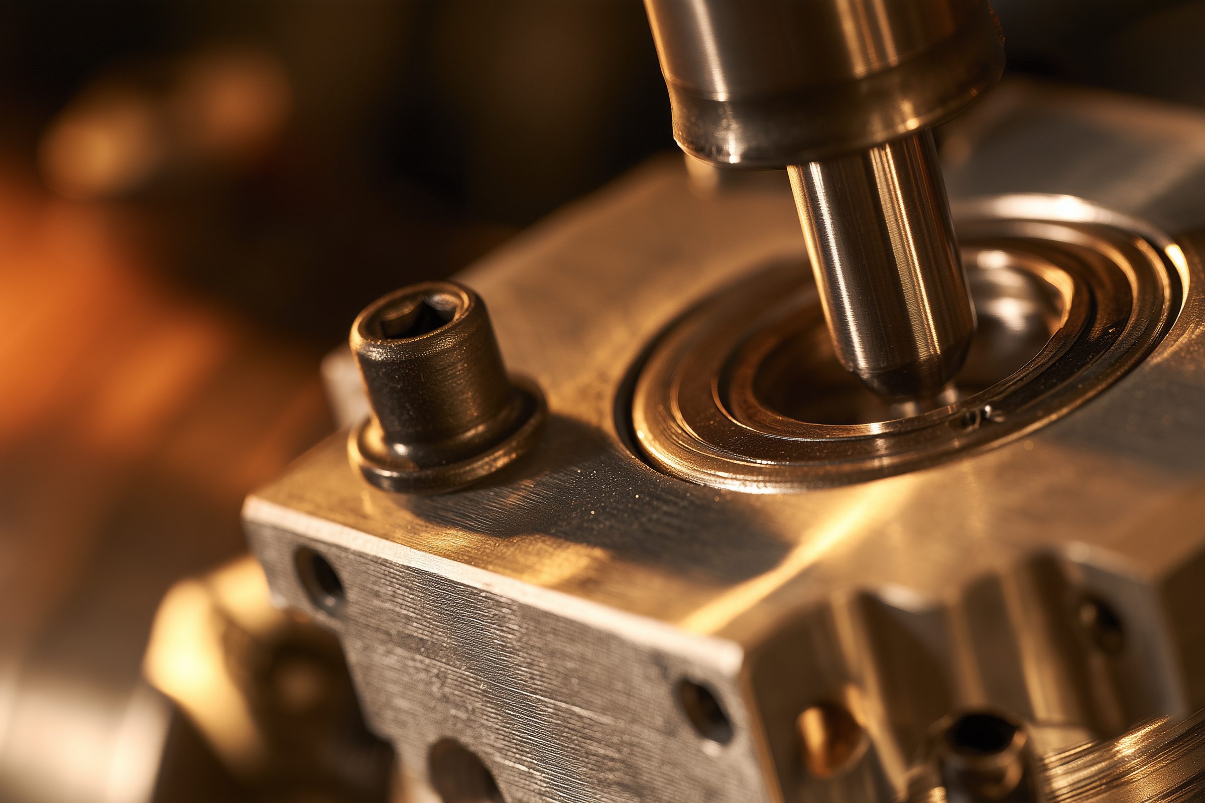 Ein Stahlstift sitzt passgenau in der Bohrung eines Metallblocks