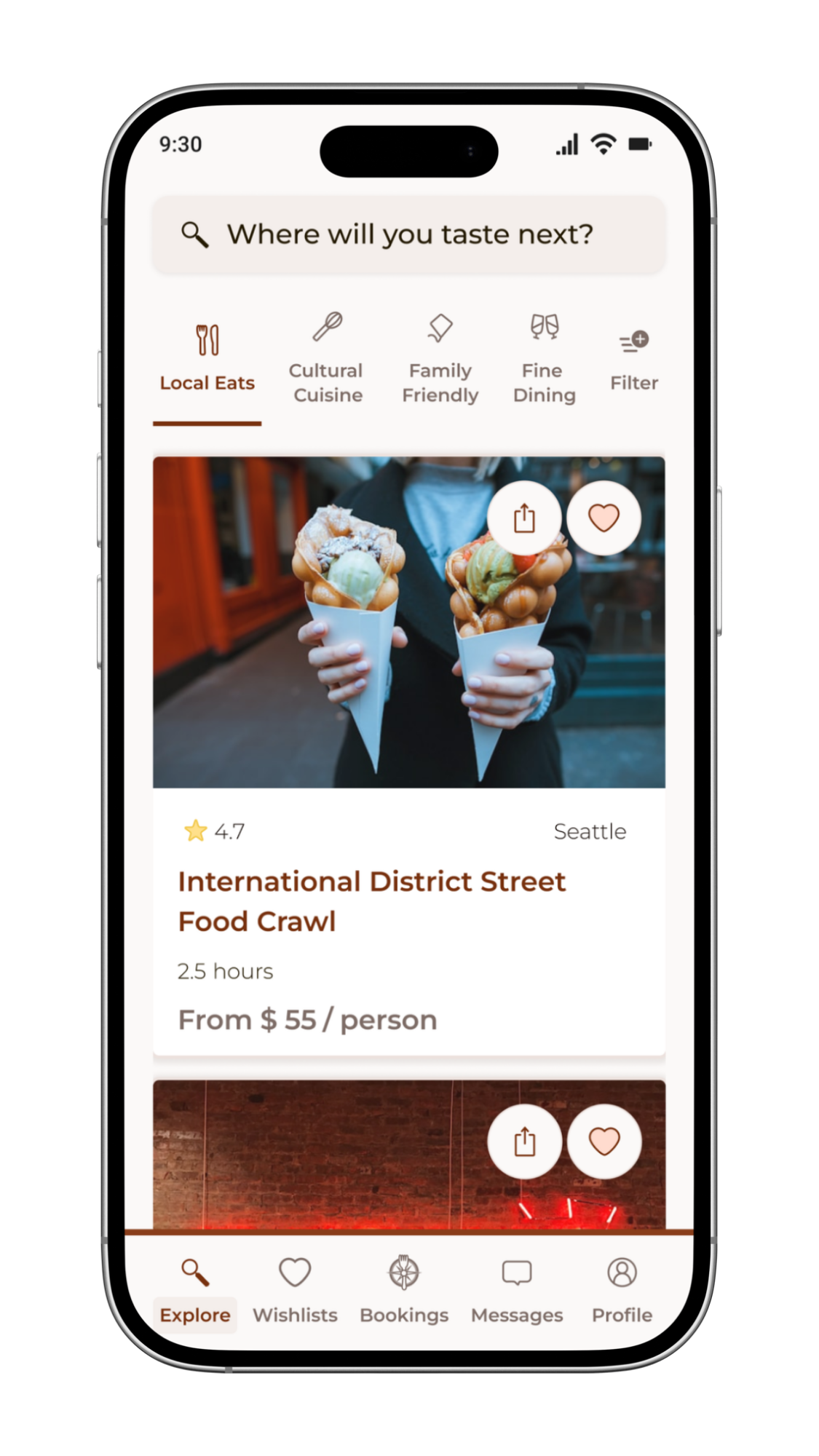Smartphone mockup of the "TasteVoyage" app featuring a "Local Eats" street food crawl card with a 4.7-star rating and category filters below a vibrant hero image of bubble waffle cones.