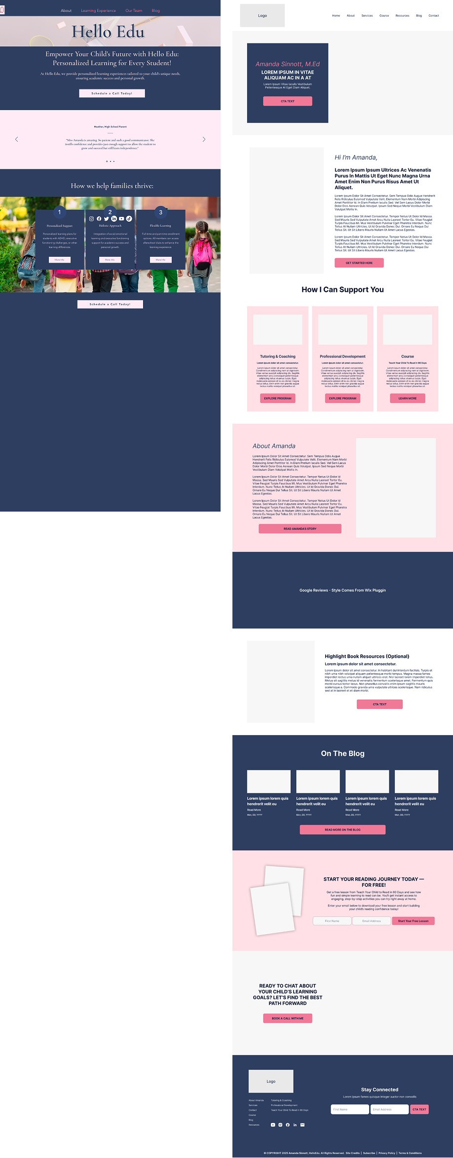 A side-by-side comparison of a current hero section and a new, long-form homepage design for Hello Edu that features expanded sections for services, an about bio, and a blog feed.
