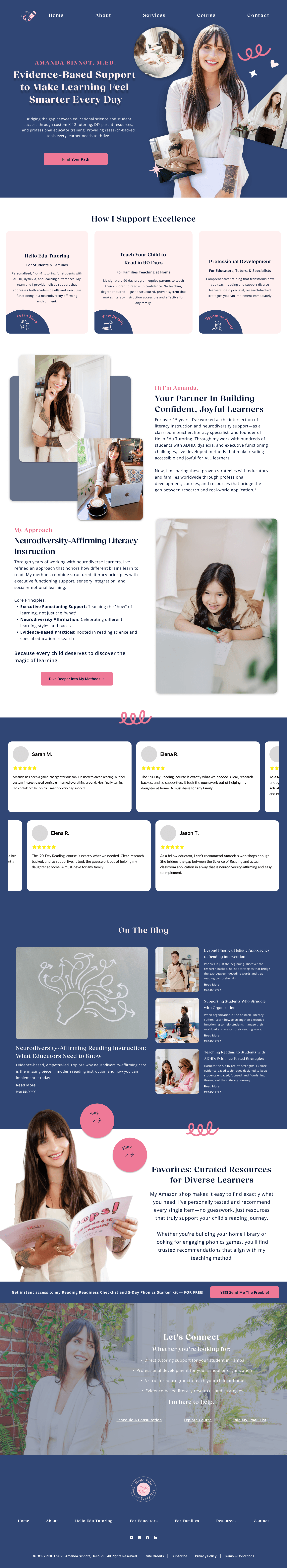 A high-fidelity landing page design for Hello Edu featuring a clean navy and pink aesthetic, professional photography of a woman and child, sections for services and testimonials, and a blog feed.