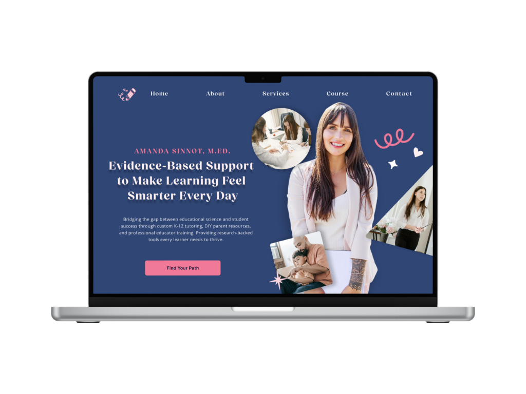 A laptop mockup displays the Hello Edu hero section featuring a navy background, a pink "Find Your Path" button, and professional photography focused on personalized learning.