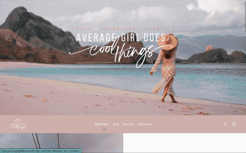 A screen recording of the live Average Girl Does Cool Things website, demonstrating the navigation menu interaction and the smooth transition between the travel-themed hero section and the blog content.