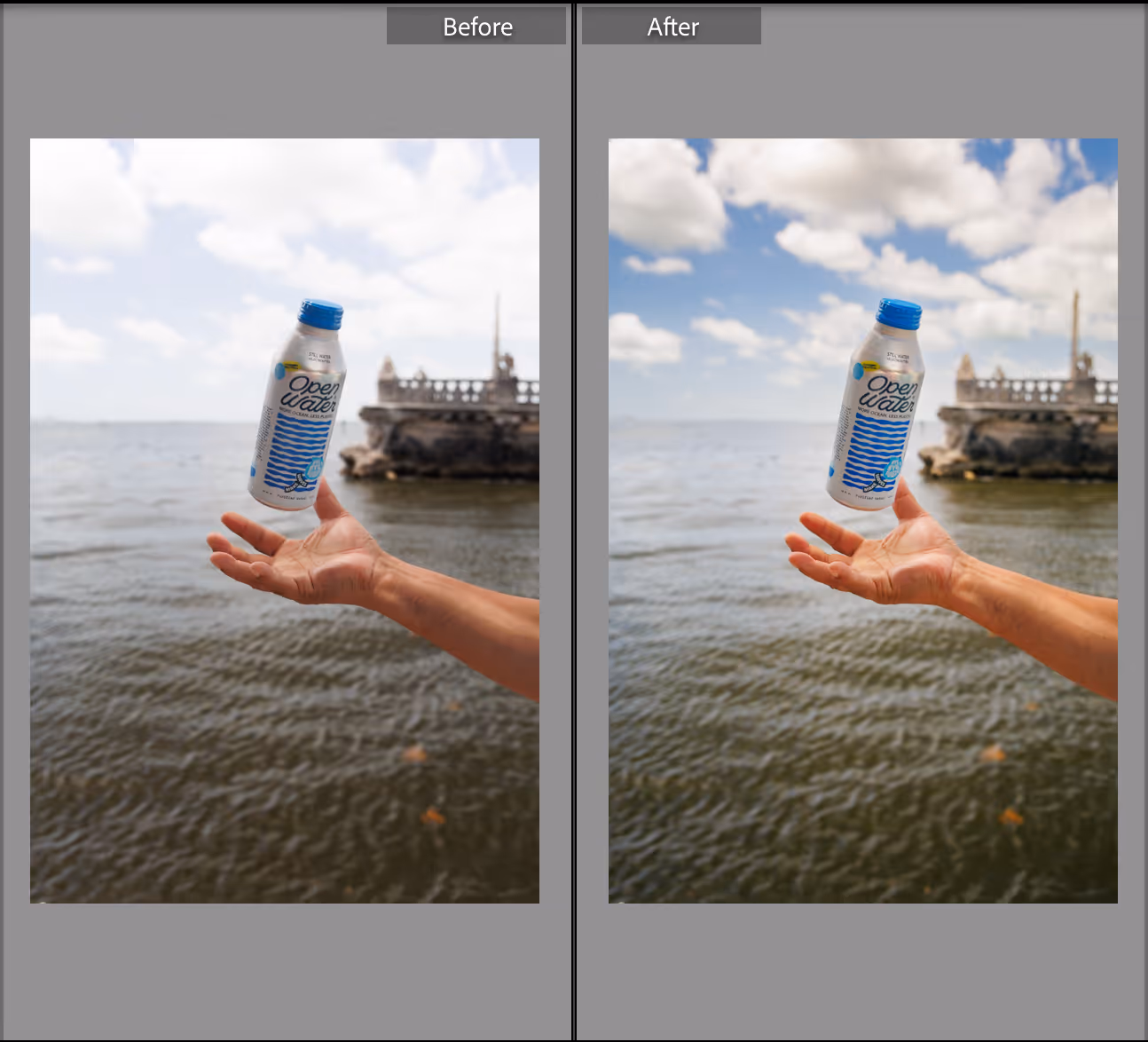 A side-by-side comparison showing "Before" and "After" photo edits of a floating water bottle. The "After" side features more vibrant blue skies, enhanced clouds, and richer color saturation.