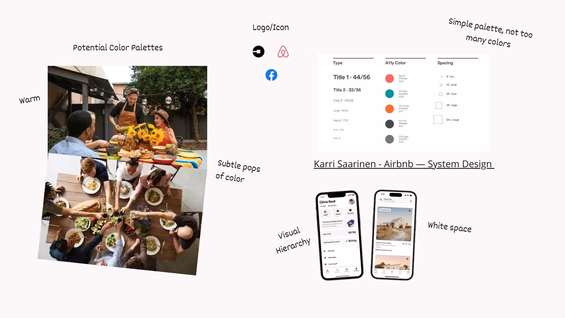 A visual inspiration board featuring warm lifestyle photography of group dining, a simple color palette, and mobile UI examples emphasizing white space.
