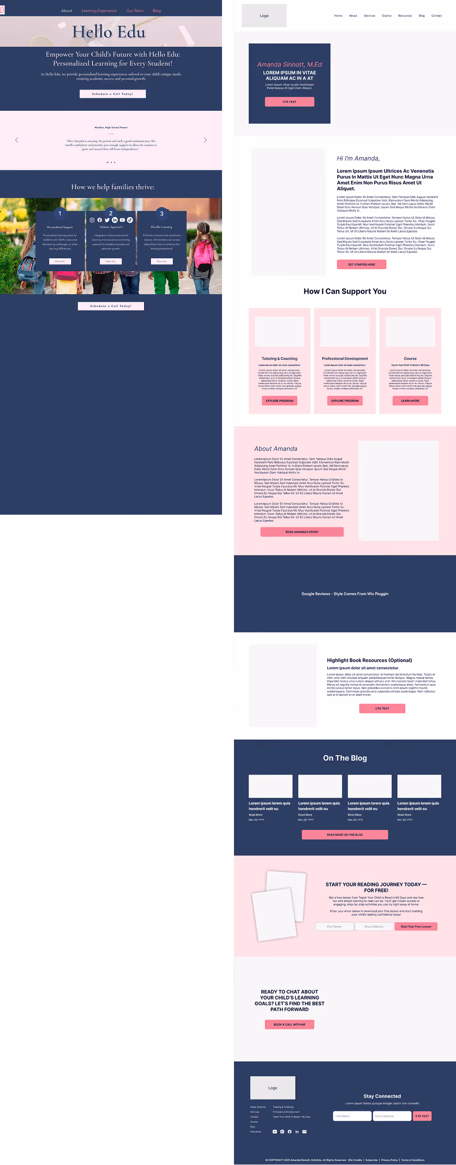 A side-by-side comparison of a current hero section and a new, long-form homepage design for Hello Edu that features expanded sections for services, an about bio, and a blog feed.