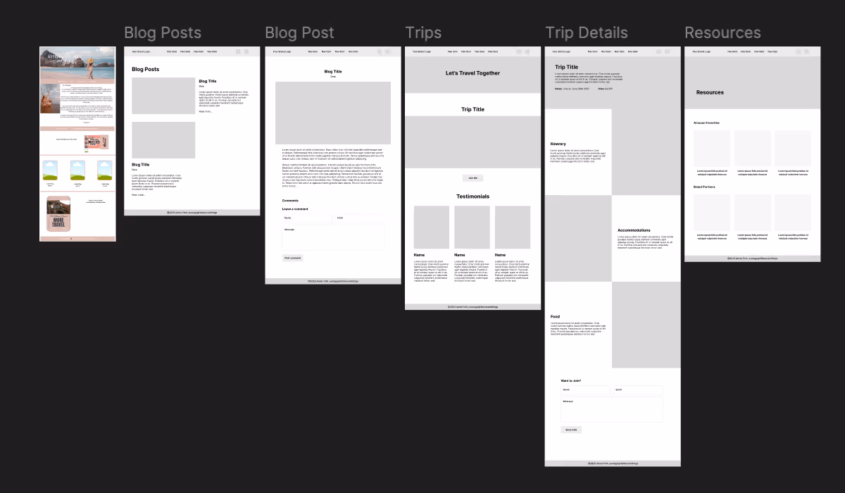 A series of black and white wireframe layouts for various website pages, including Blog Posts, Trip Details, and Resources.