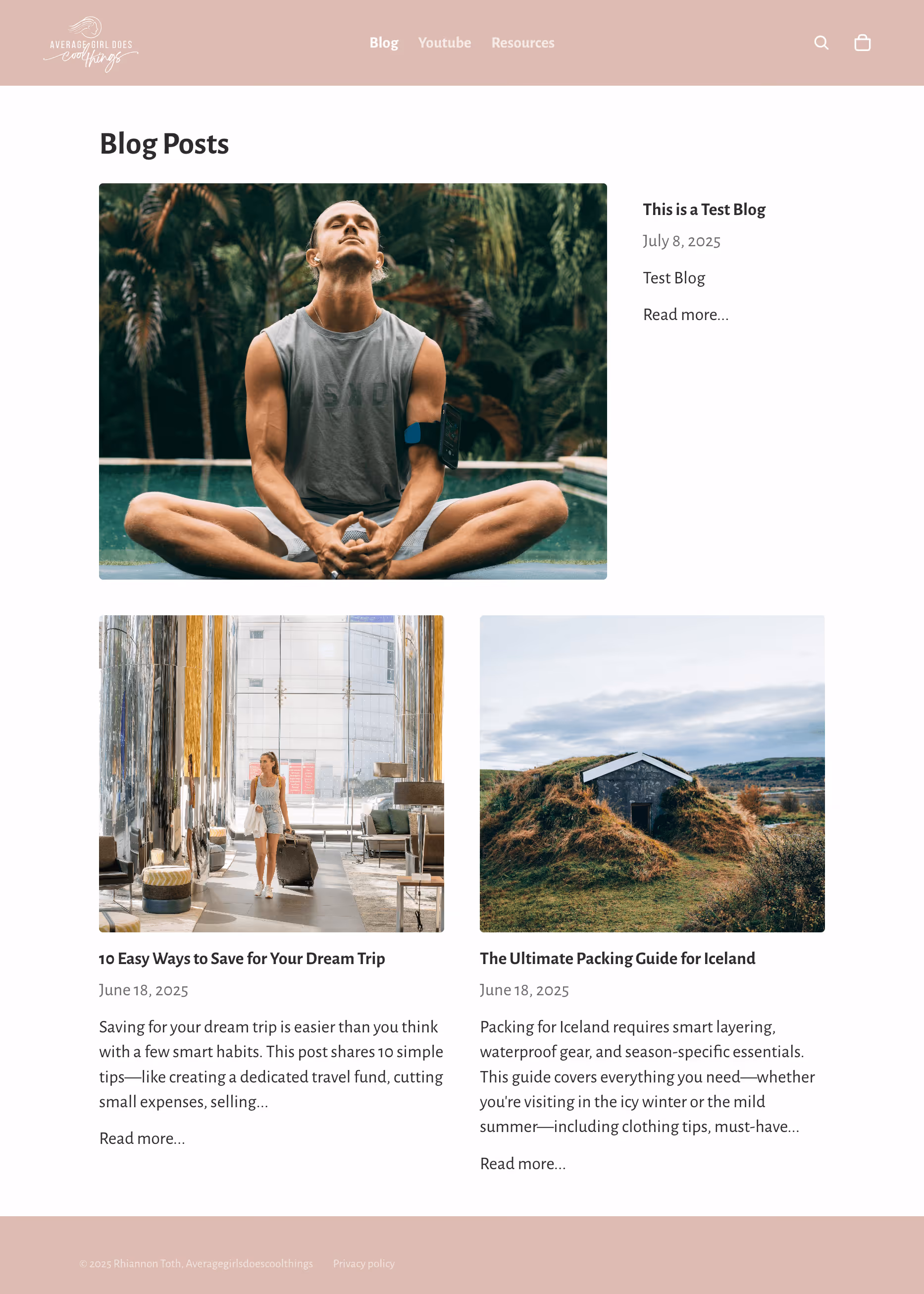 Live blog posts page featuring a grid of travel and lifestyle content with large images and article summaries.