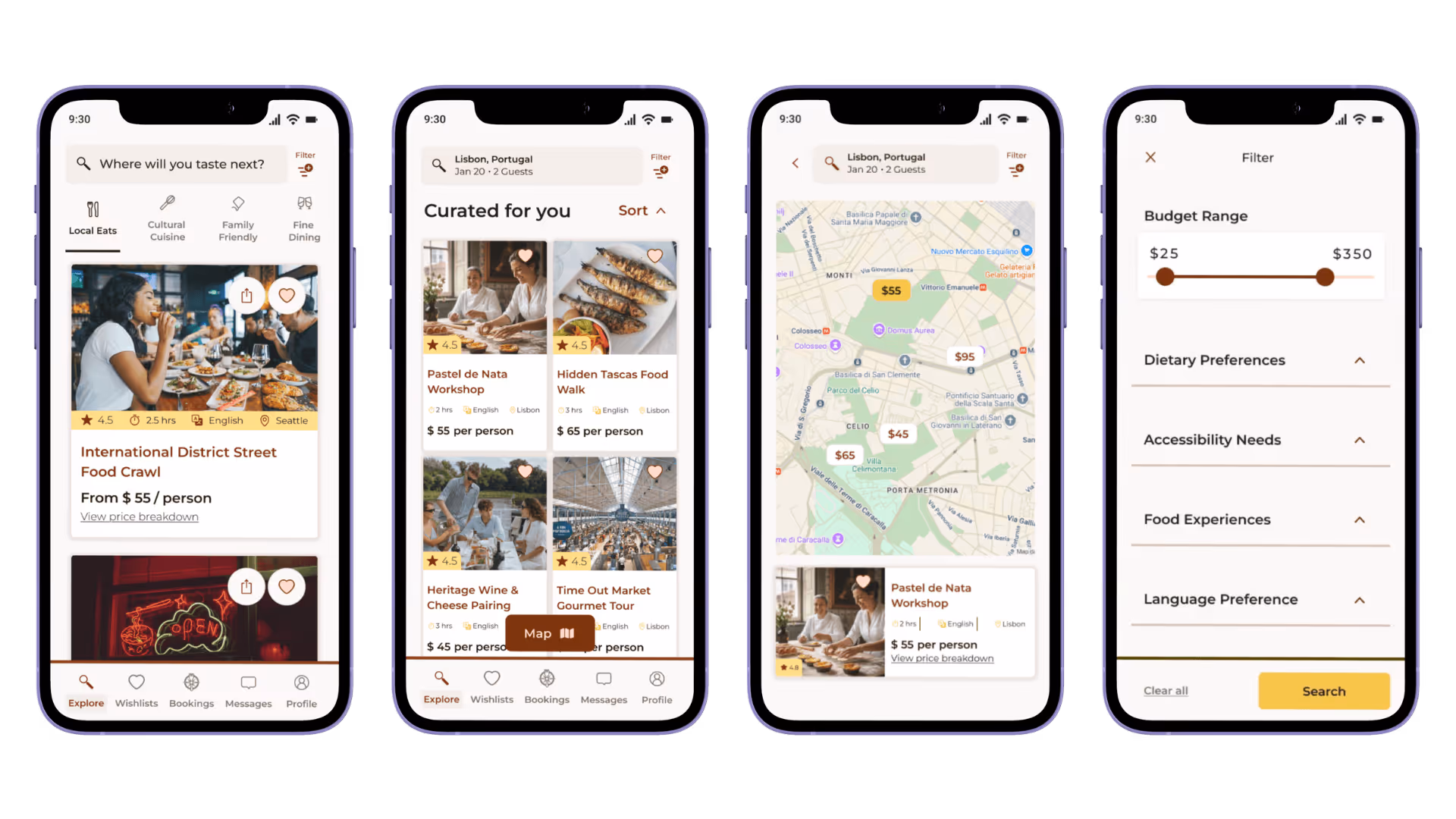 Four mobile screens showing the core discovery journey: the home feed, curated results for Lisbon, a map-based search view, and the refined filter menu.