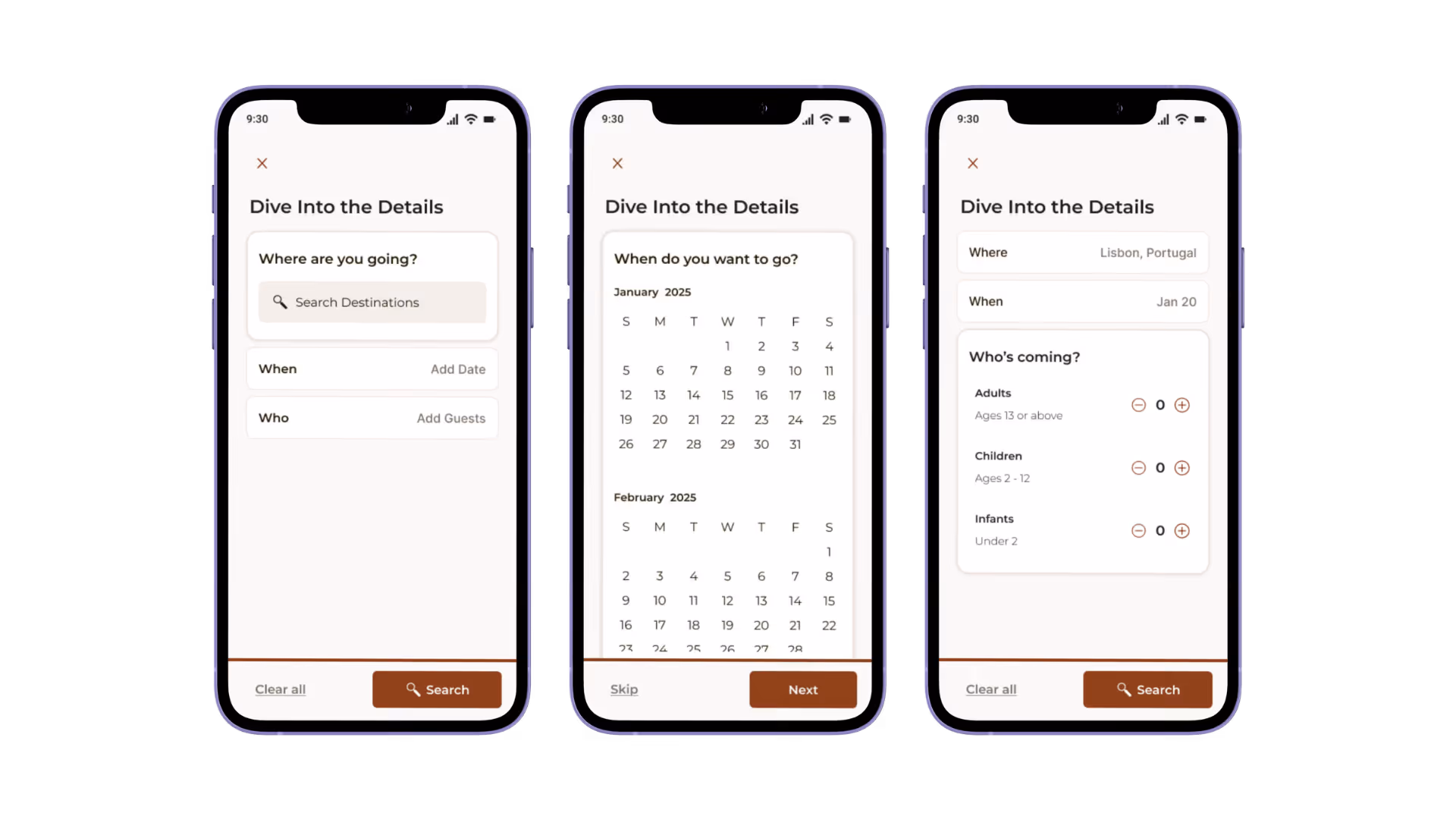 Three screens demonstrating the search interaction: destination input, a calendar date picker for January/February 2025, and a guest count selector for adults, children, and infants.