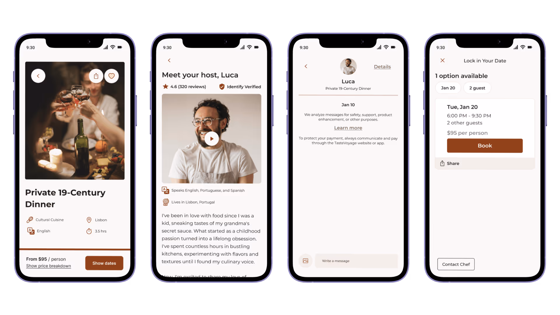 A mobile view of an experience page showing host details for "Luca," his verified status and bio, and the calendar interface to select specific dates and guest counts.