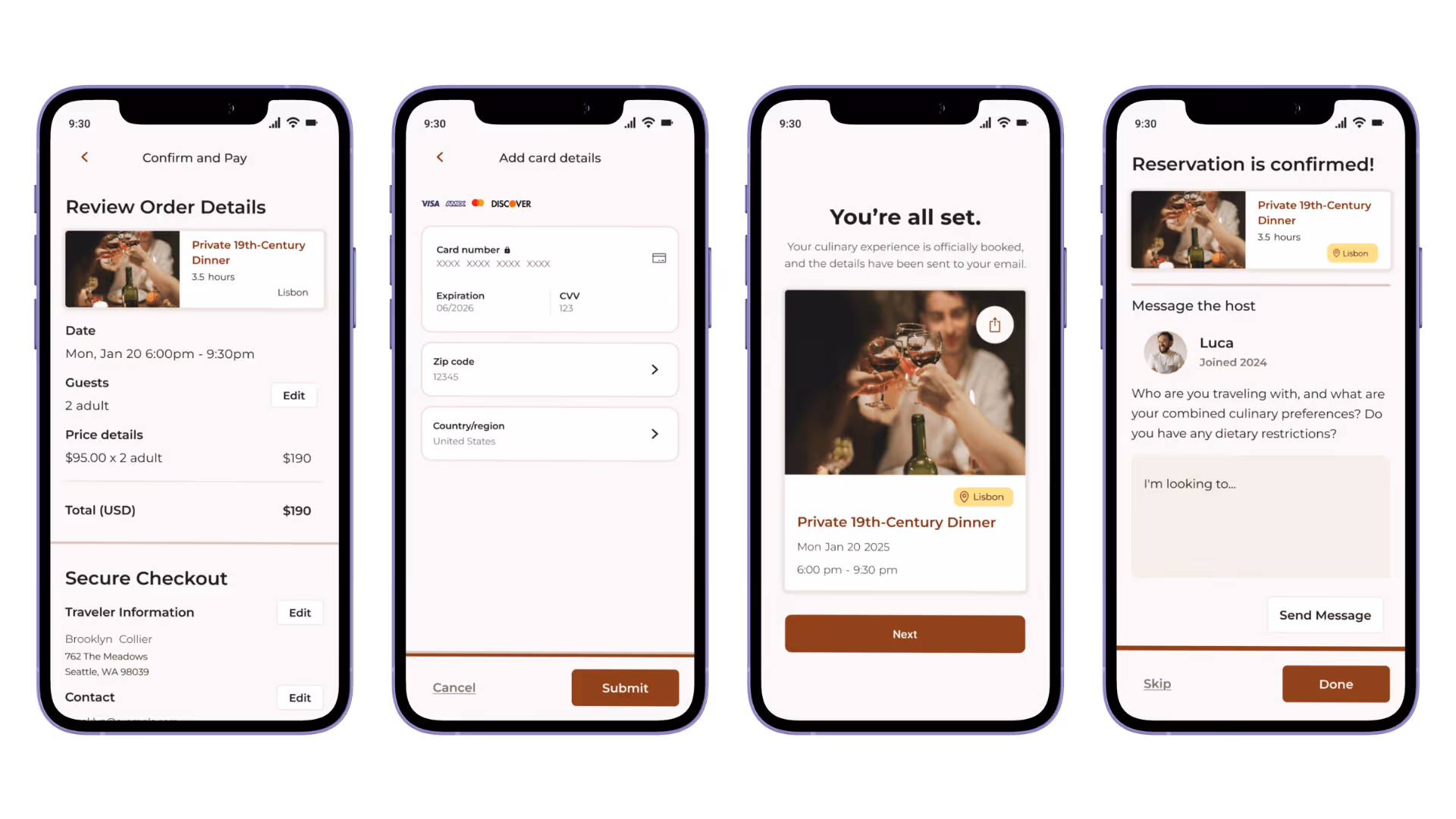 A four-step mobile checkout sequence including order review, secure payment entry, a "You're all set" confirmation, and a post-booking message interface for the host.