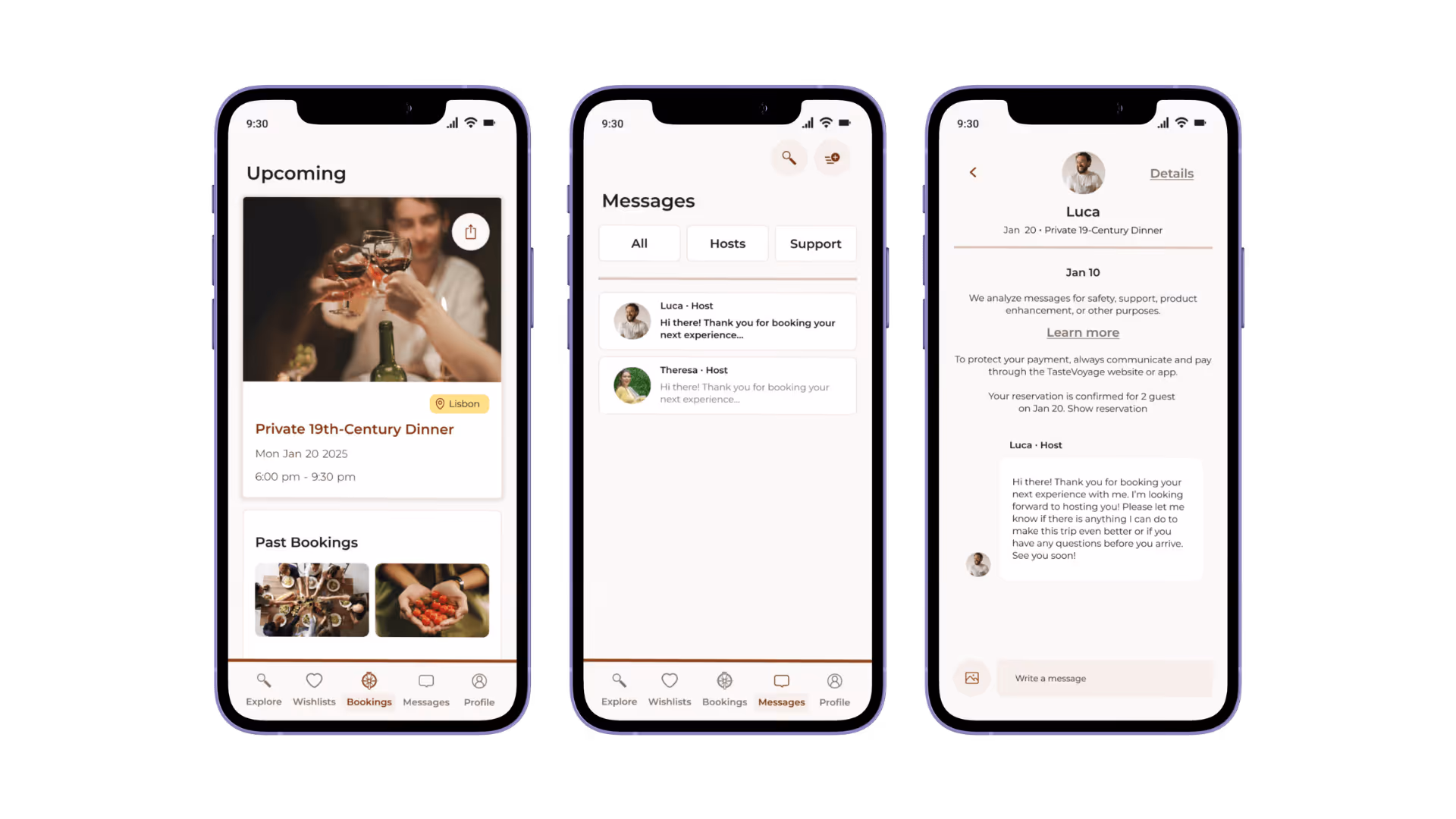 Three screens showing user account management: an "Upcoming" and "Past Bookings" list, a message inbox, and a detailed chat thread with a host.