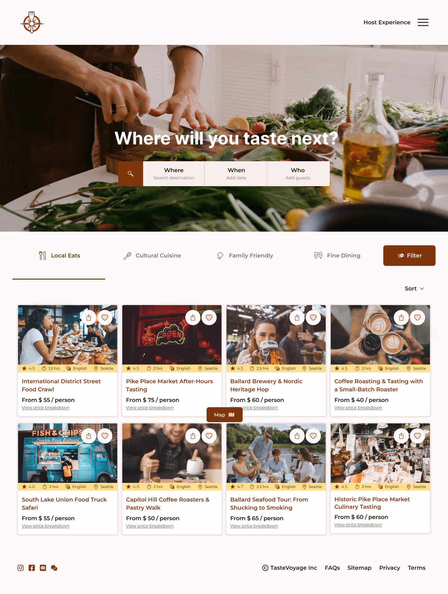 A high-fidelity desktop website mockup showing a "Where will you taste next?" search interface above a curated feed of local food experiences like "Ballard Brewery Hop" and "South Lake Union Food Truck Safari.