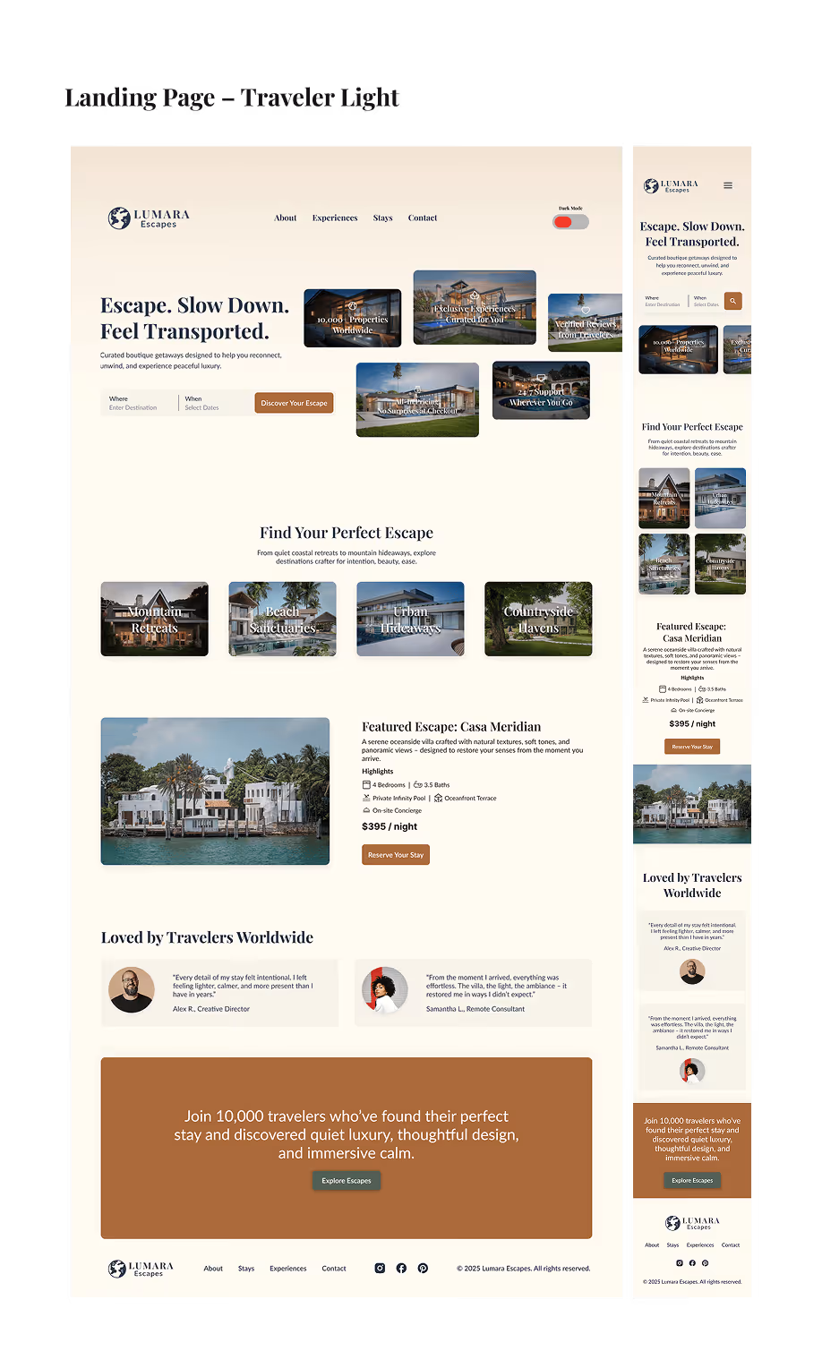 A light-themed landing page for travelers featuring a serene aesthetic, destination categories like "Mountain Retreats," and a featured property listing for "Casa Meridian.