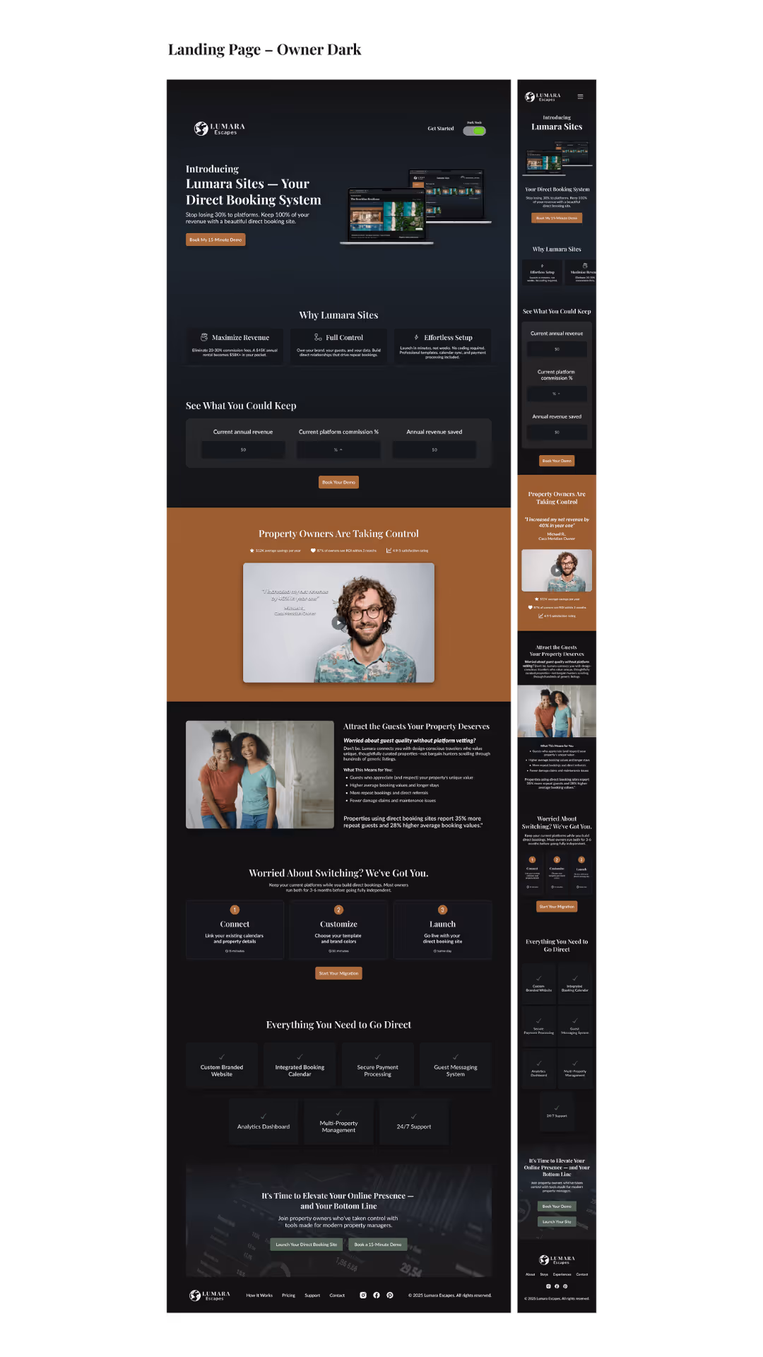 A long-scroll, dark-themed landing page for property owners highlighting "Lumara Sites," featuring a revenue calculator, owner testimonials, and a list of direct-booking business tools.