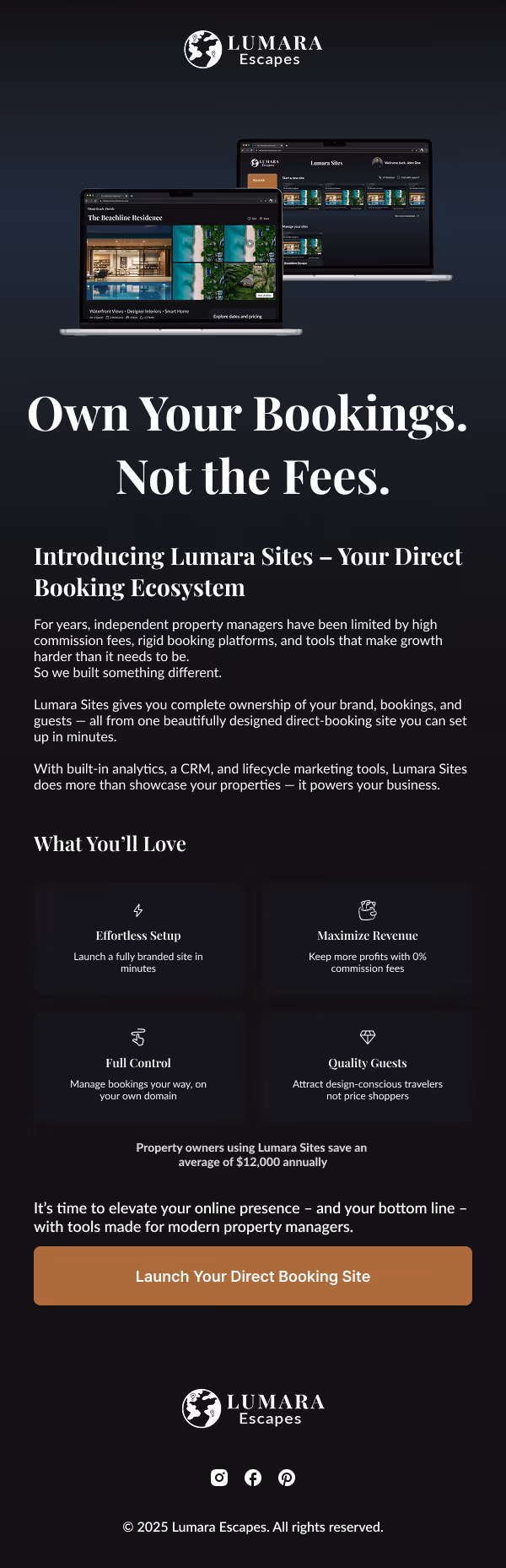 A marketing email for property managers with the bold headline "Own Your Bookings. Not the Fees," outlining the benefits of the Lumara direct booking ecosystem.