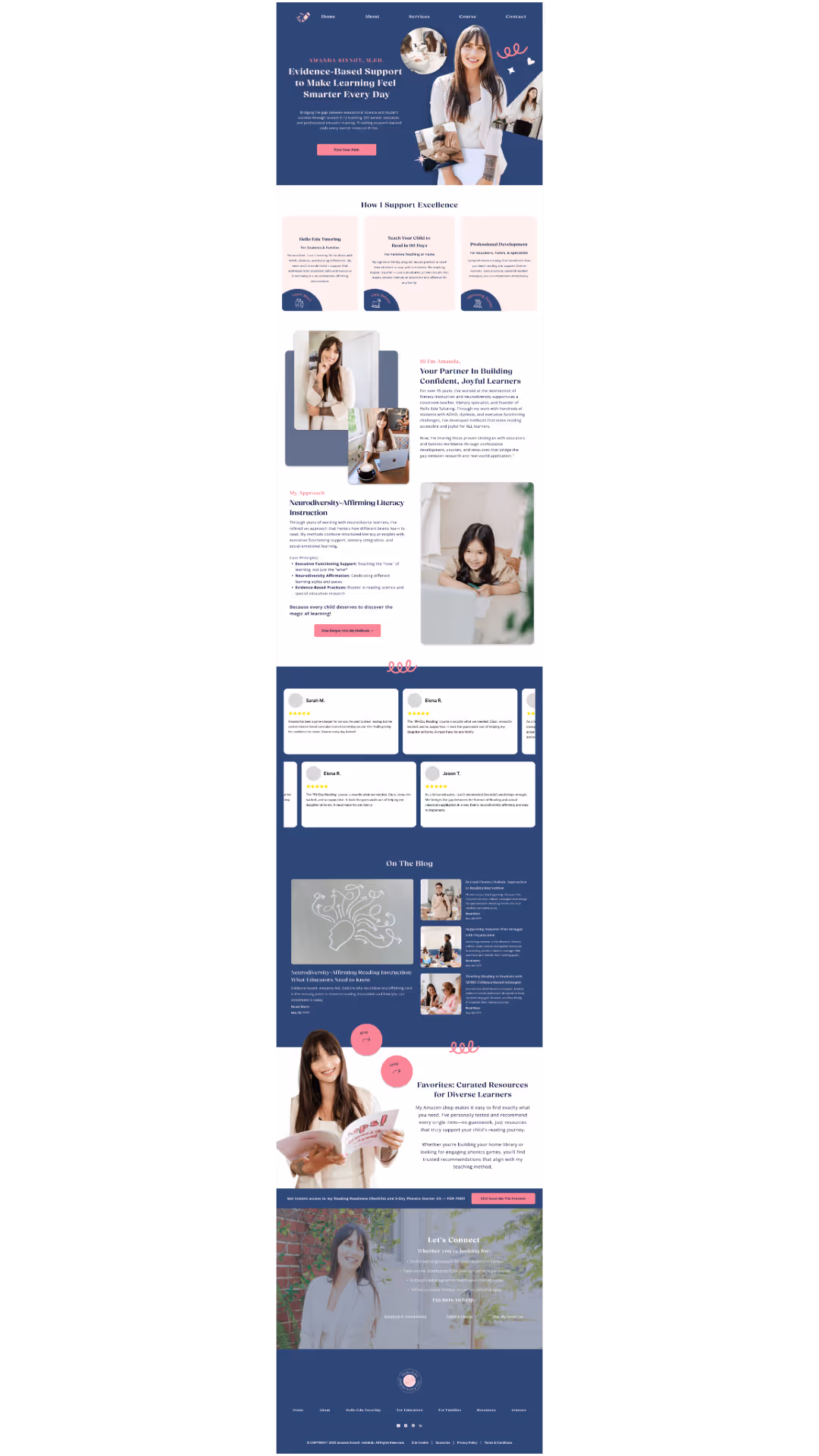 A high-fidelity landing page design for Hello Edu featuring a clean navy and pink aesthetic, professional photography of a woman and child, sections for services and testimonials, and a blog feed.