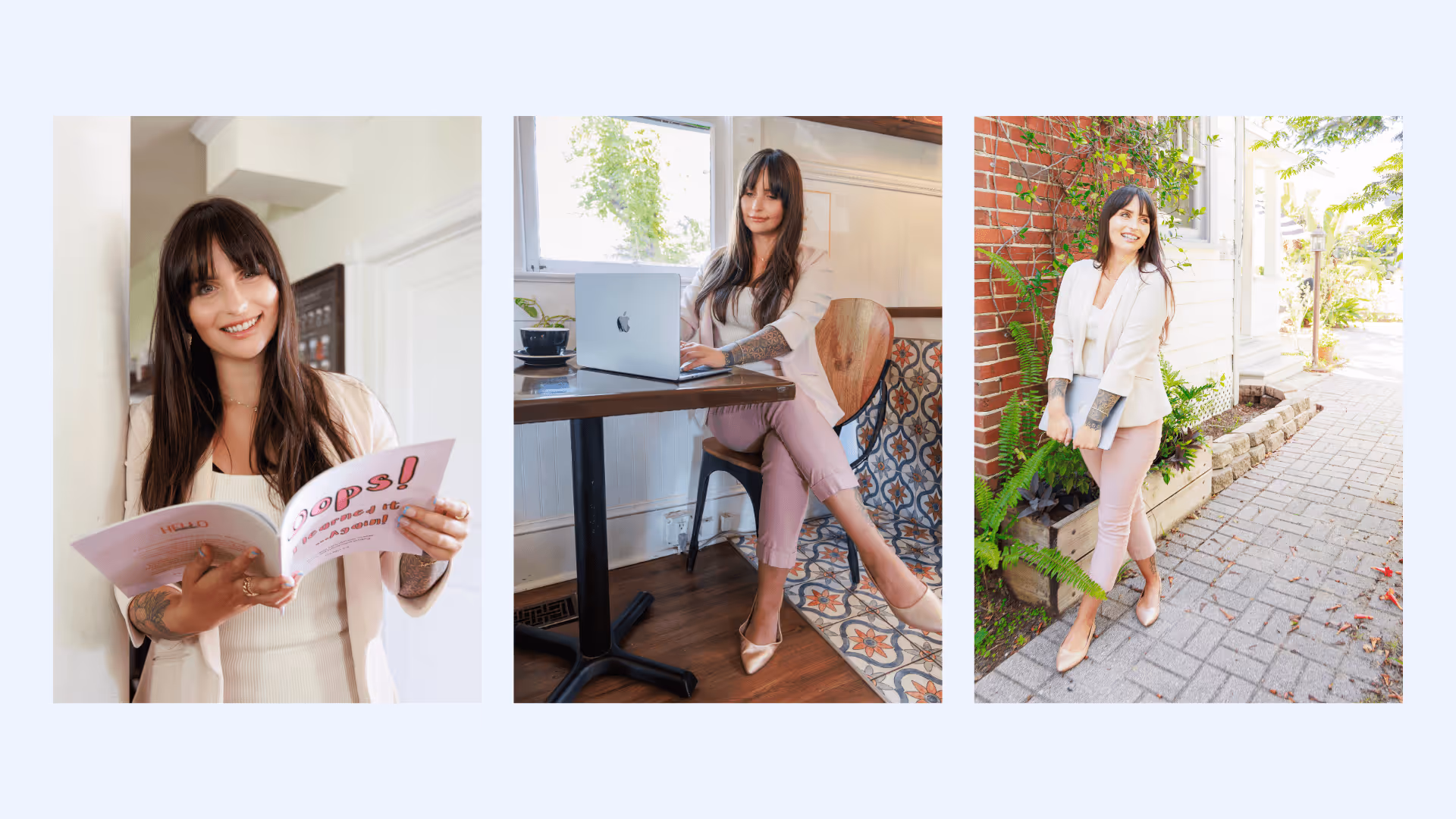 Editorial brand photography for Hello Edu featuring an educator in professional lifestyle settings—holding a workbook, working at a laptop, and standing outdoors.