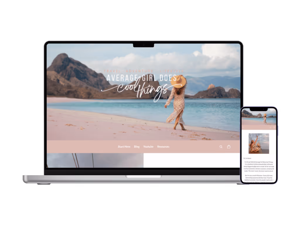 A responsive design mockup showing the Average Girl Does Cool Things website on both laptop and mobile screens.