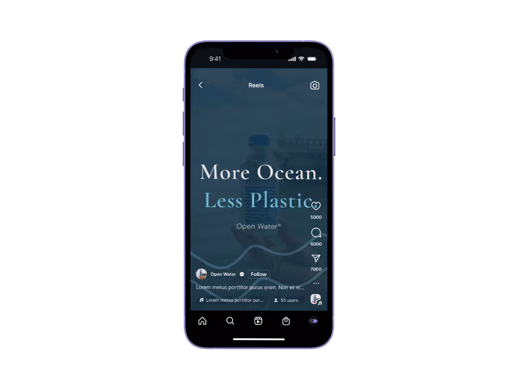 A clean professional mockup of a smartphone centered on a black background, displaying the edited image of the Open Water bottle floating above a hand.