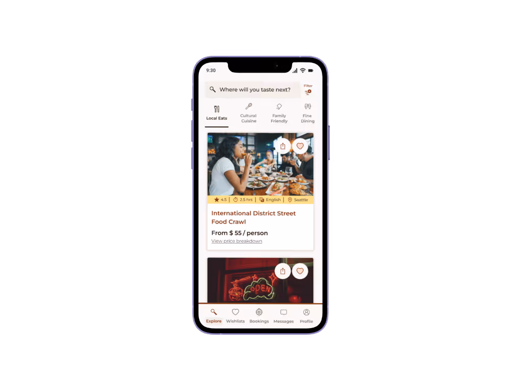 A mobile app UI showing a food tour discovery screen with a search bar, category filters for "Local Eats" and "Fine Dining," and a featured "Street Food Crawl" card with pricing and ratings.