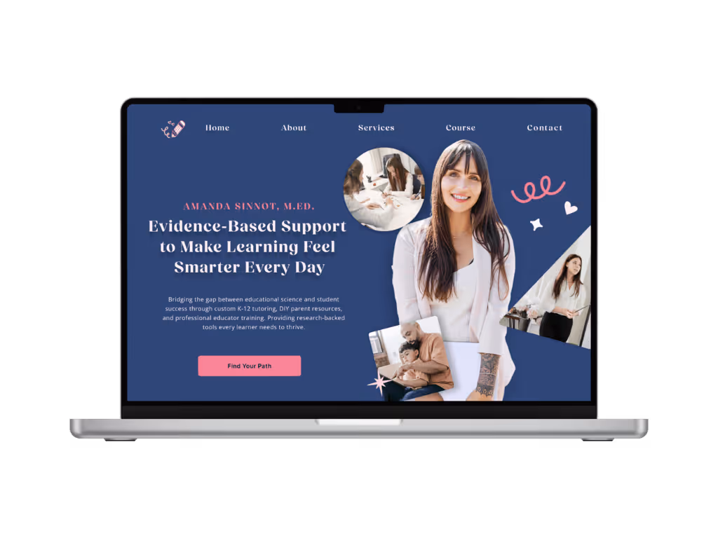A laptop mockup displays the Hello Edu hero section featuring a navy background, a pink "Find Your Path" button, and professional photography focused on personalized learning.