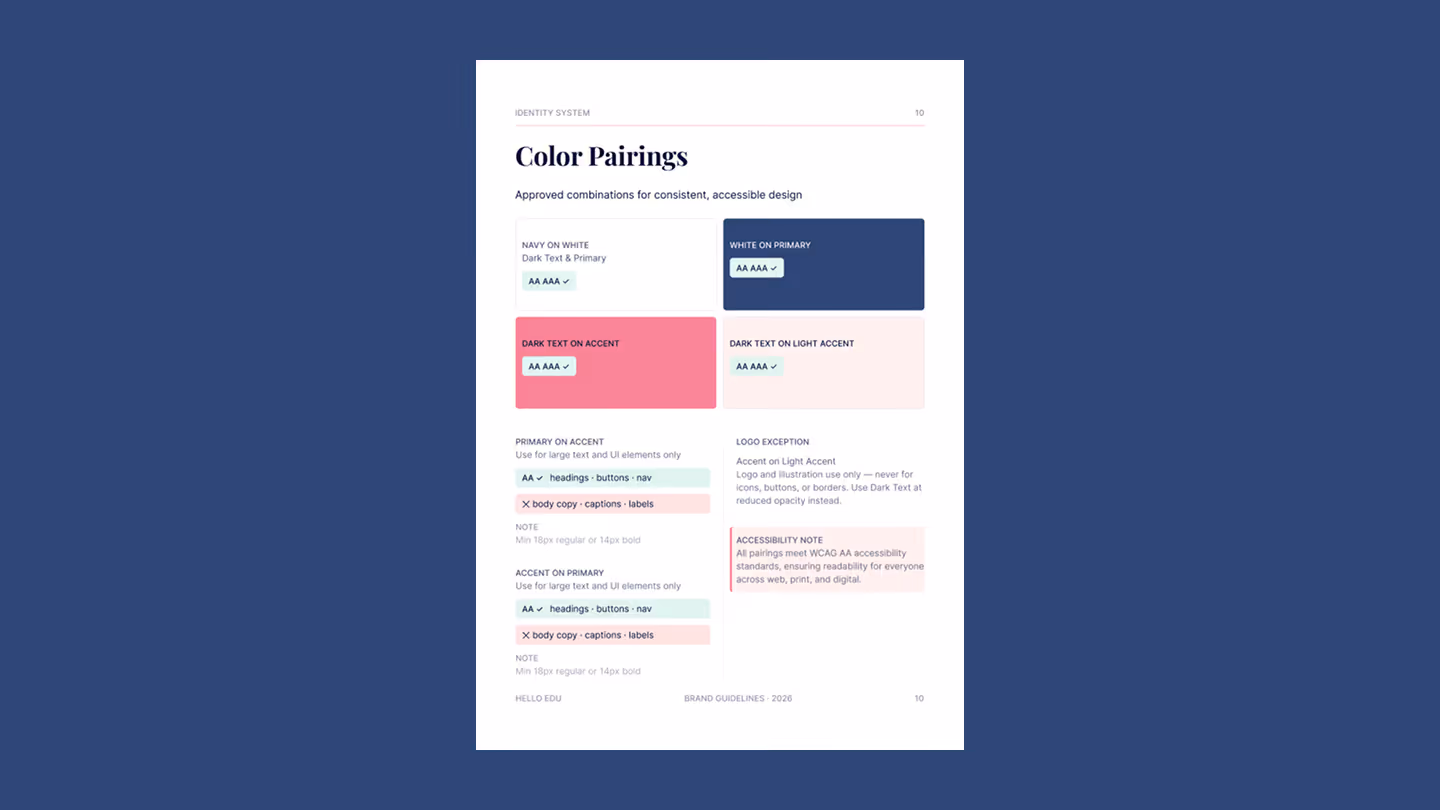 Color pairing chart showing accessibility and contrast compliance rules