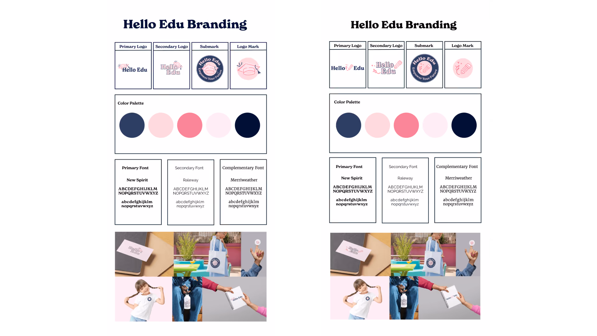 Two complete brand systems developed in parallel — graduation cap concept and pencil-and-heart alternative (primary direction) — each with full logo suite, color palette, and typography hierarchy.