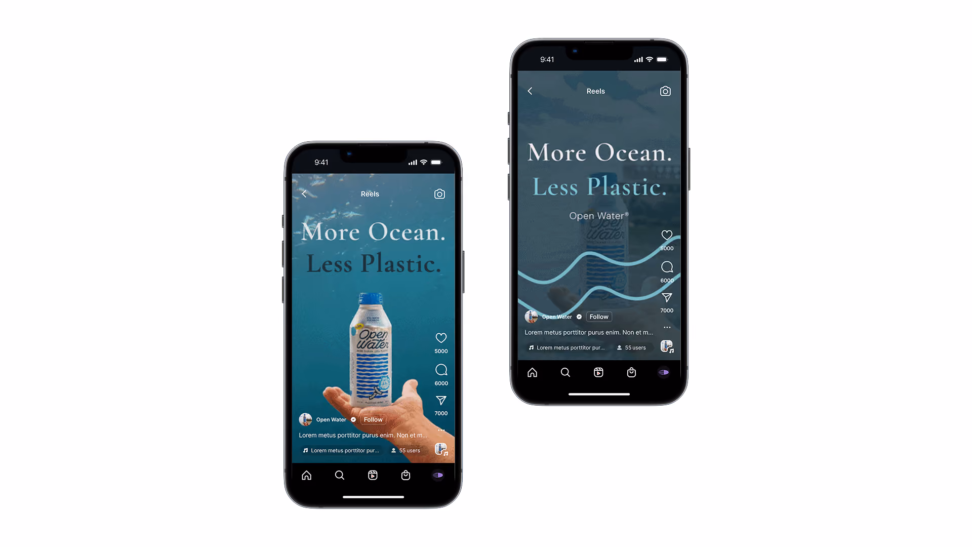 Two phone mockups of the Open Water Reels campaign: Product Reveal (bottle-in-hand, teal background) on the left, Brand Moment (underwater scene with wave graphic) on the right.
