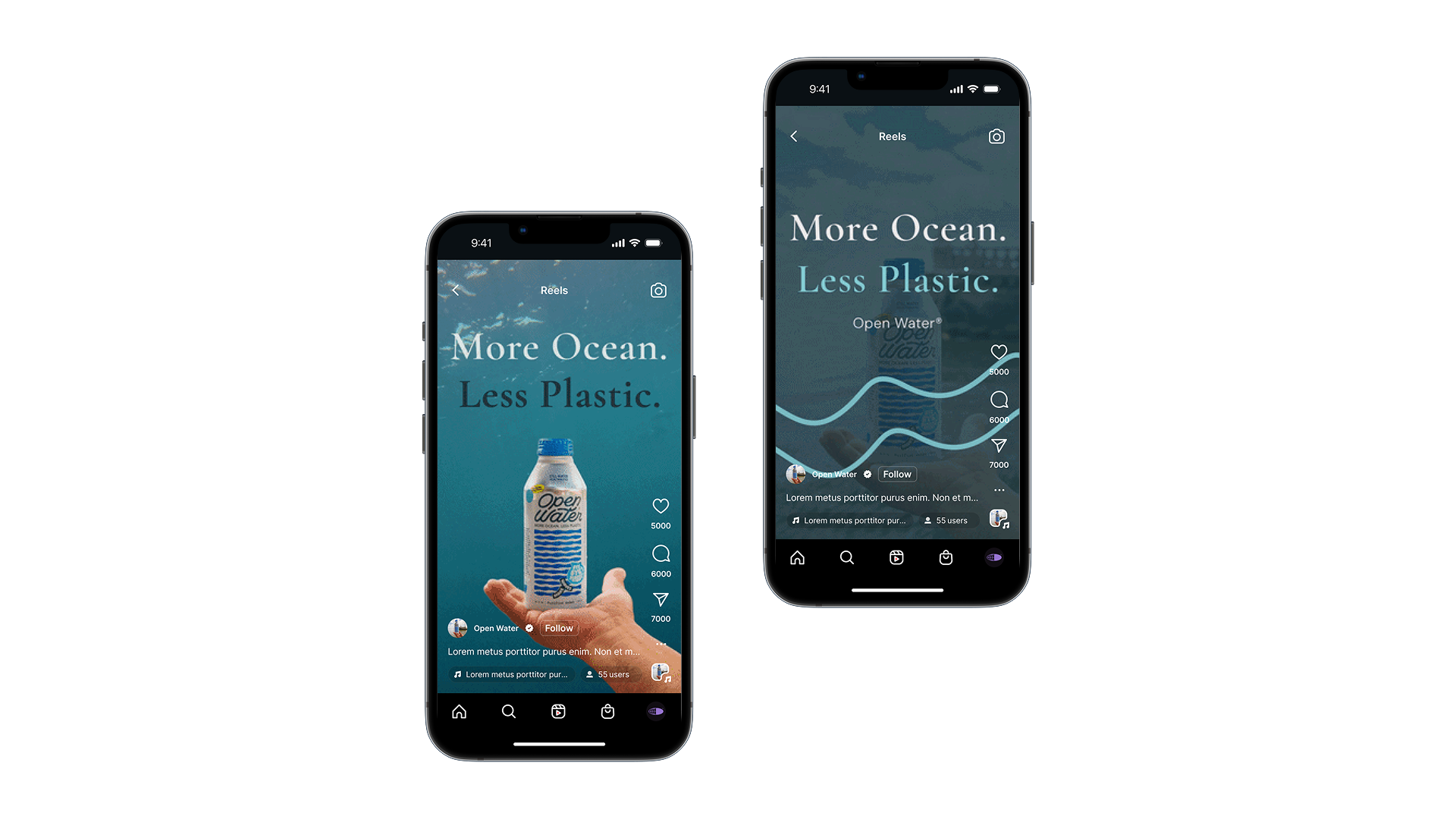 Two phone mockups of the Open Water Reels campaign: Product Reveal (bottle-in-hand, teal background) on the left, Brand Moment (underwater scene with wave graphic) on the right.
