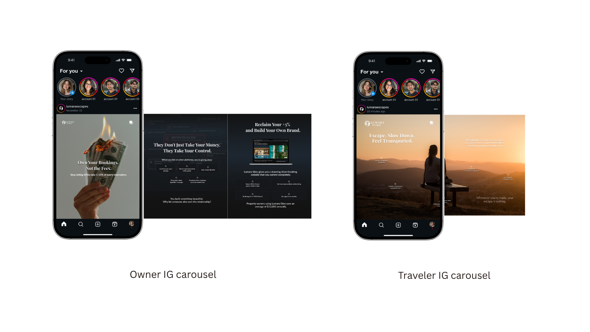Side-by-side Instagram carousels: Owner version opens with a burning-cash visual on "Own Your Bookings, Not the Fees," Traveler version opens with a sunset hilltop scene on "Escape. Slow Down. Feel Transported."