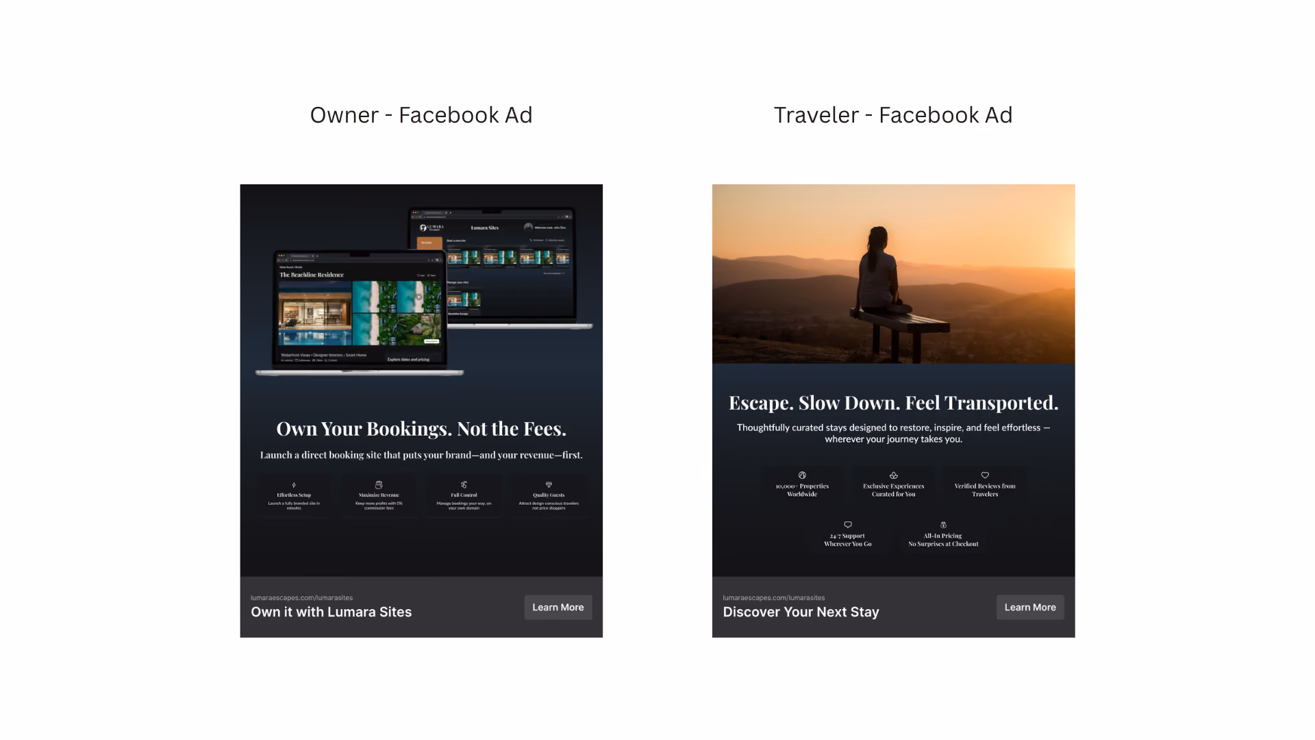 Side-by-side Facebook ads: Owner version shows device mockups with revenue-driven copy, Traveler version shows a sunset photograph with restorative, emotional copy.