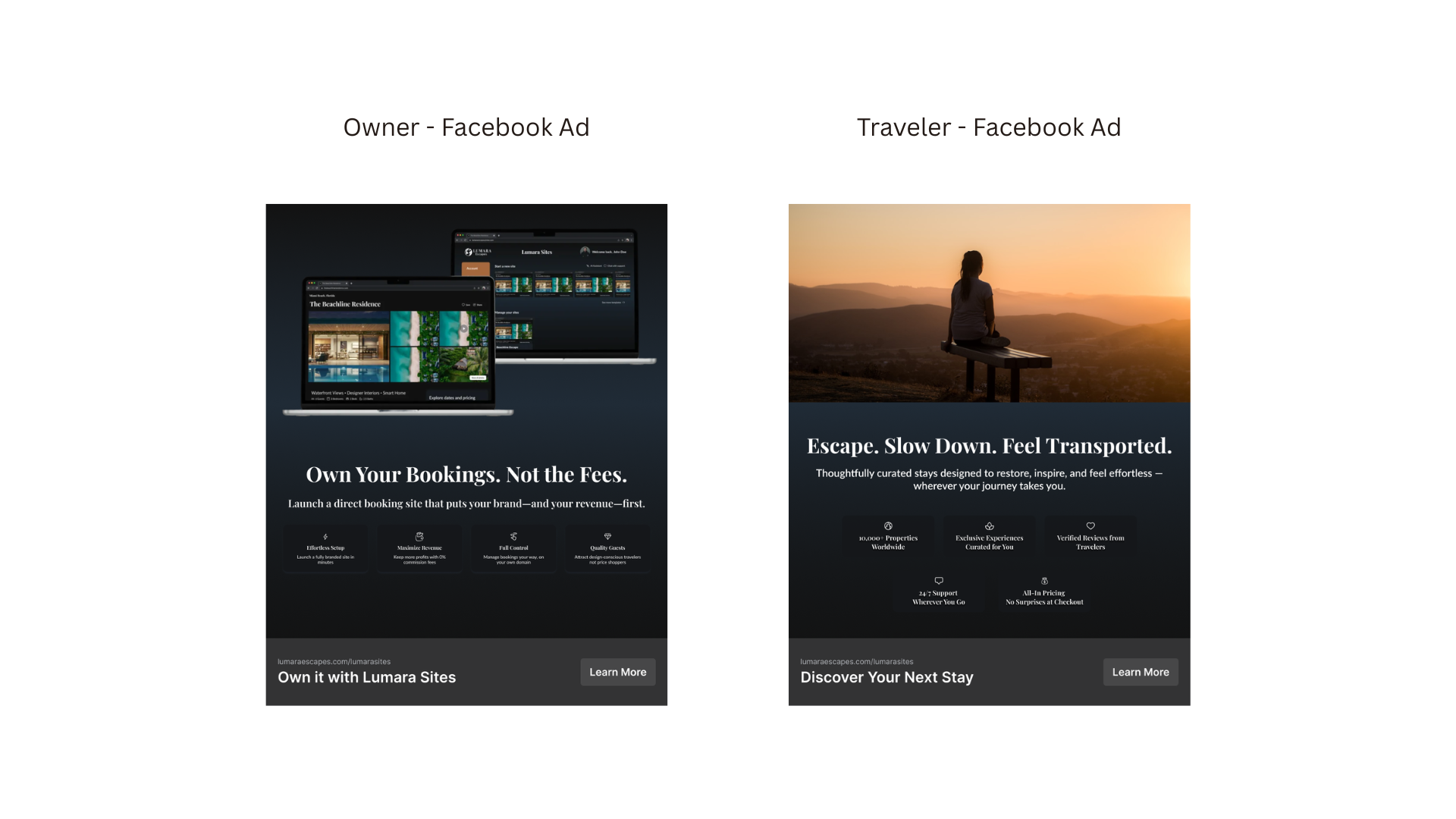 Side-by-side Facebook ads: Owner version shows device mockups with revenue-driven copy, Traveler version shows a sunset photograph with restorative, emotional copy.