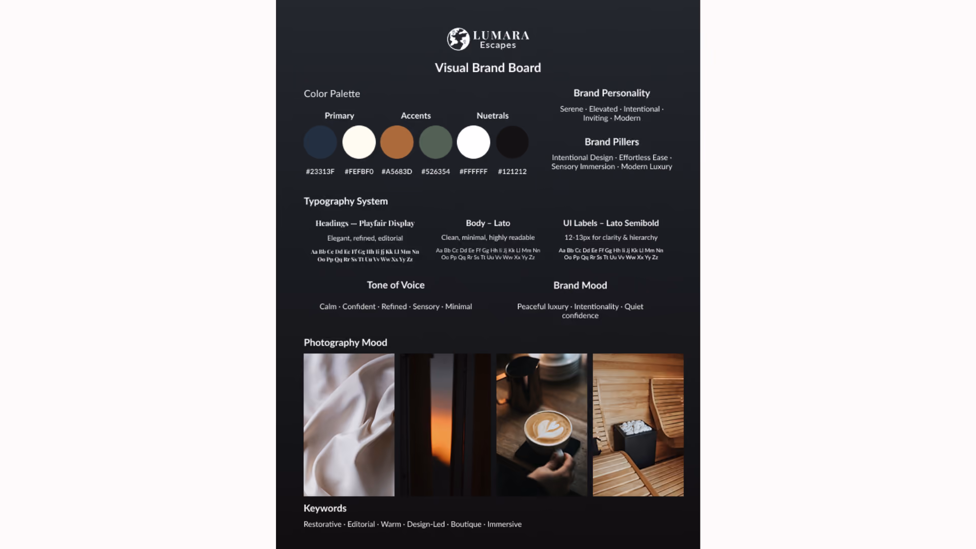 Lumara Escapes brand board showing color palette, typography system, and photography mood references.