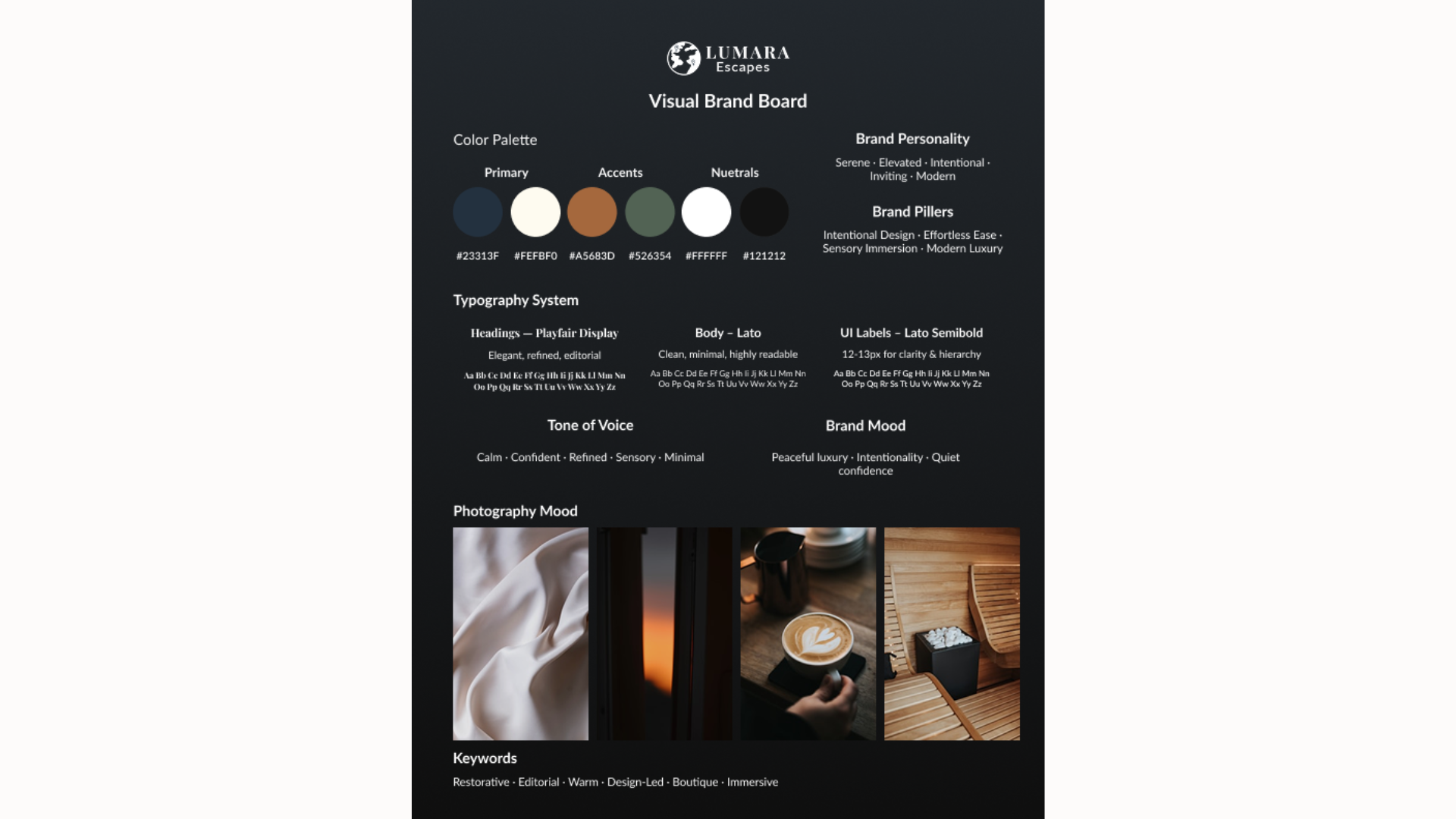 Lumara Escapes brand board showing color palette, typography system, and photography mood references.