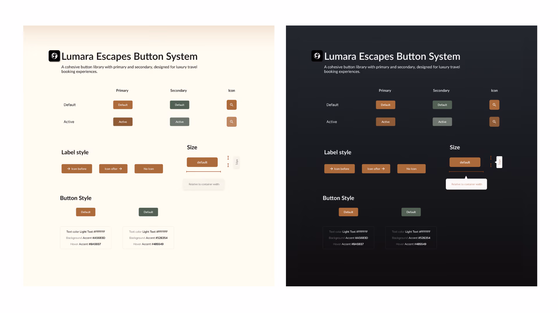 Lumara Escapes button system shown in light and dark mode, with variants, states, and color specs.