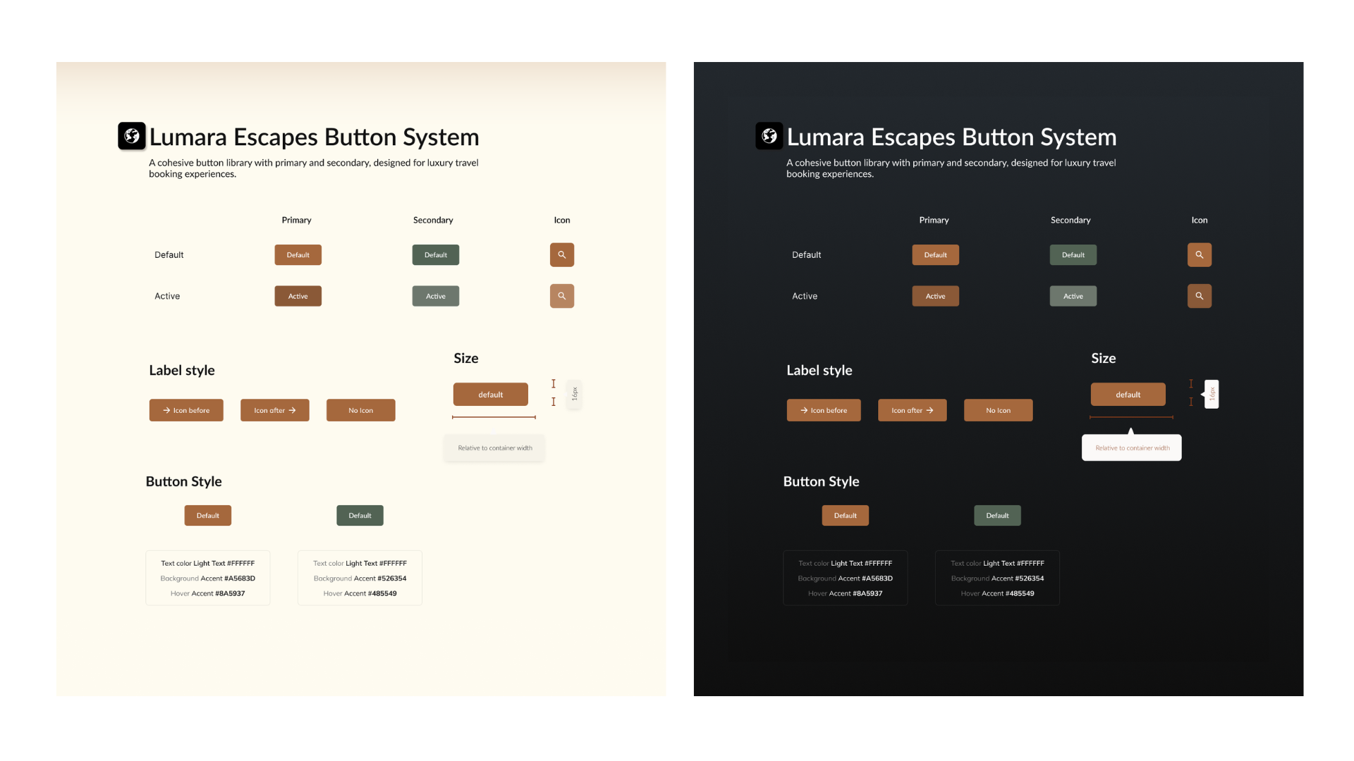 Lumara Escapes button system shown in light and dark mode, with variants, states, and color specs.