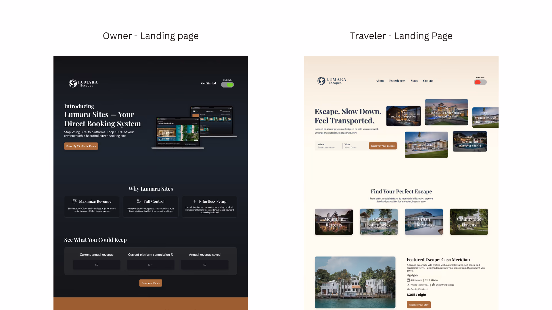 Side-by-side landing pages: Owner version in dark mode with revenue-focused messaging, Traveler version in light mode with restorative, editorial imagery.