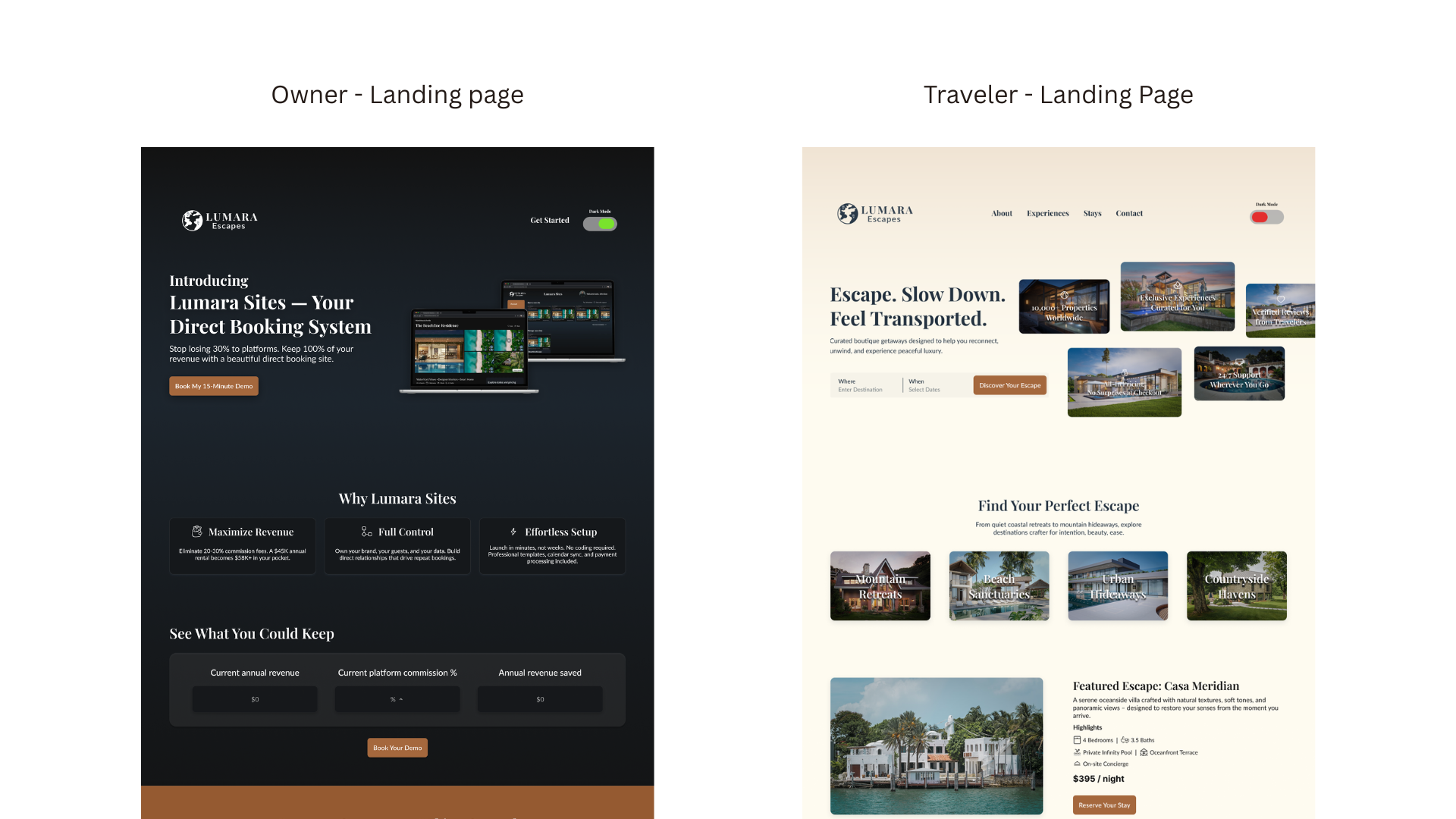 Side-by-side landing pages: Owner version in dark mode with revenue-focused messaging, Traveler version in light mode with restorative, editorial imagery.