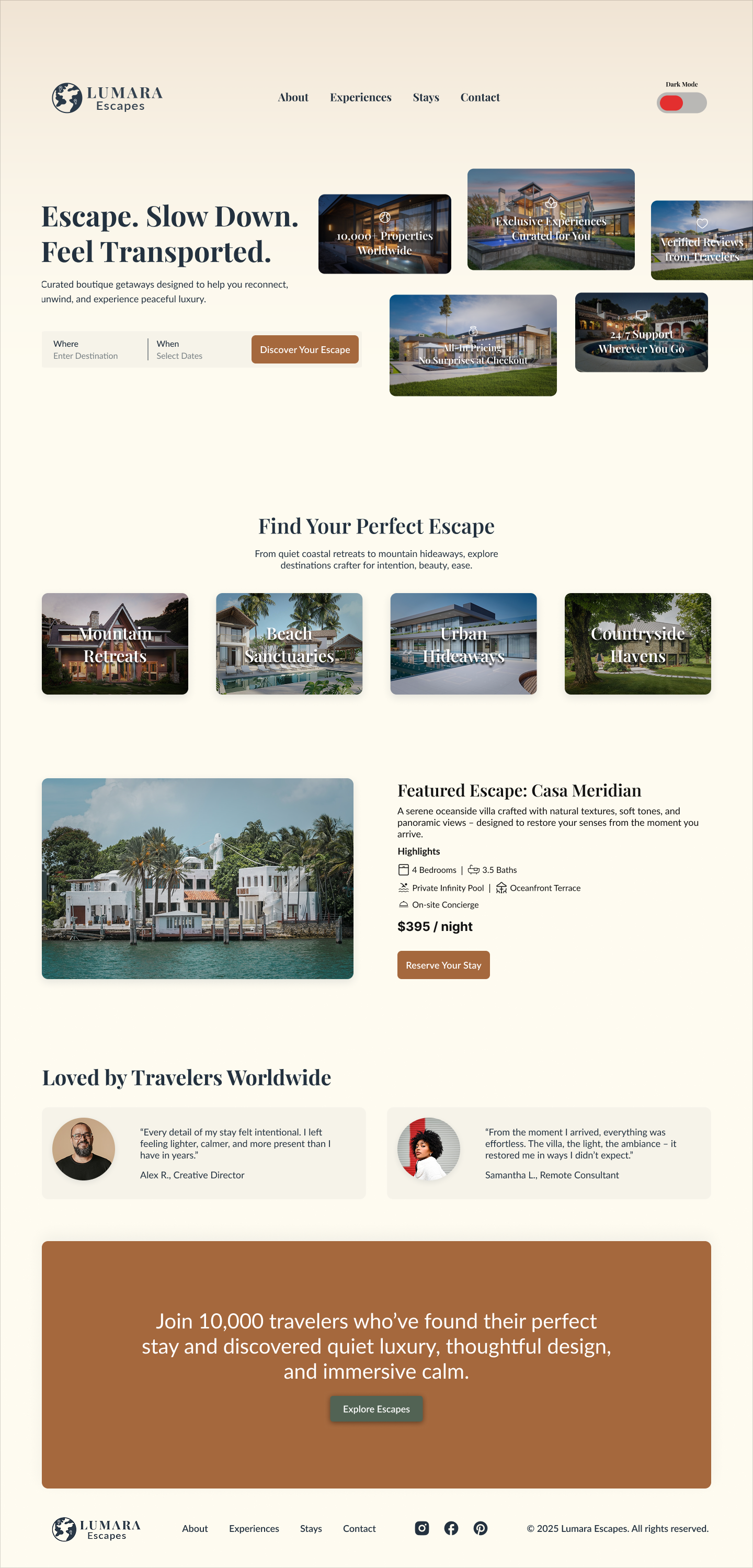 Light-mode Lumara Escapes landing page with hero headline, search bar, property categories, and a featured listing.