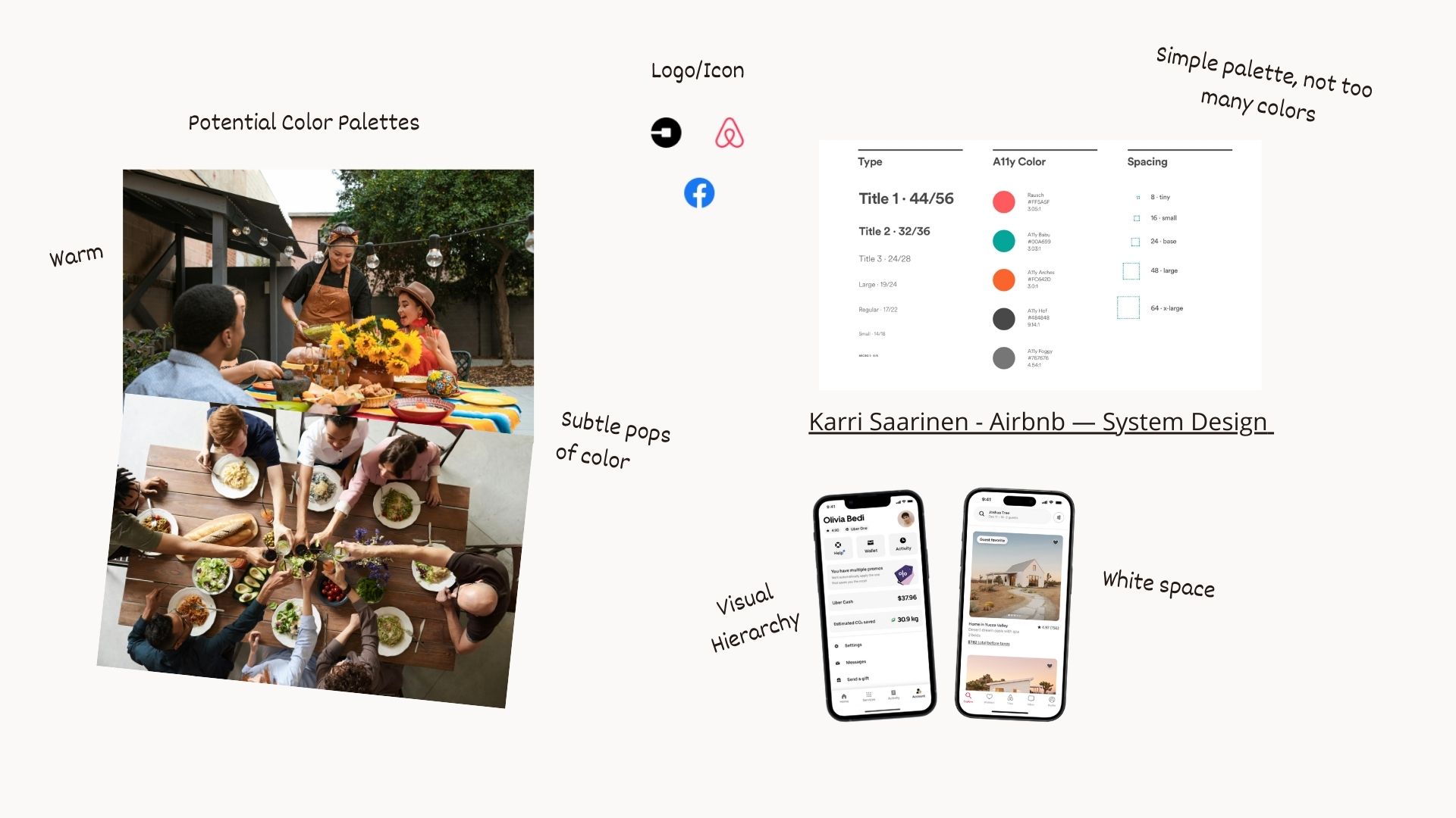 A visual inspiration board featuring warm lifestyle photography of group dining, a simple color palette, and mobile UI examples emphasizing white space.