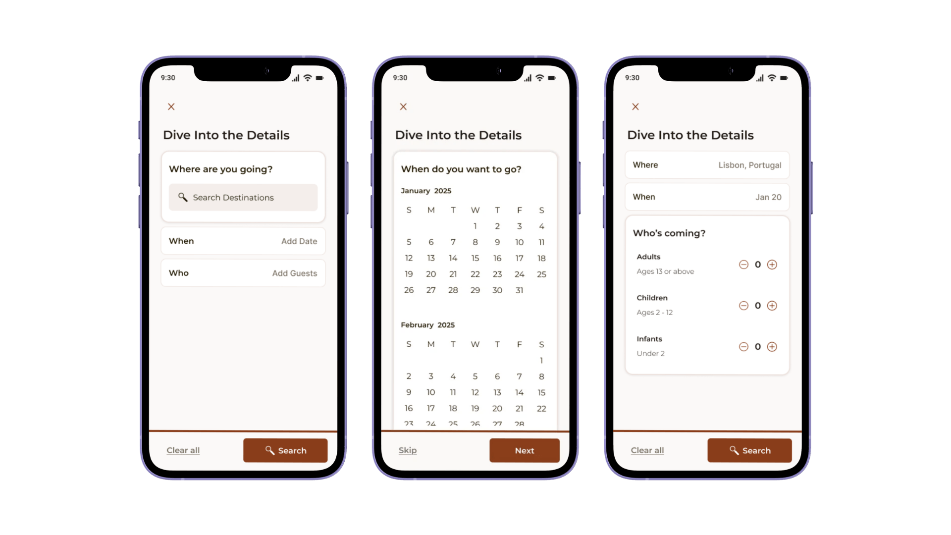 Three screens demonstrating the search interaction: destination input, a calendar date picker for January/February 2025, and a guest count selector for adults, children, and infants.