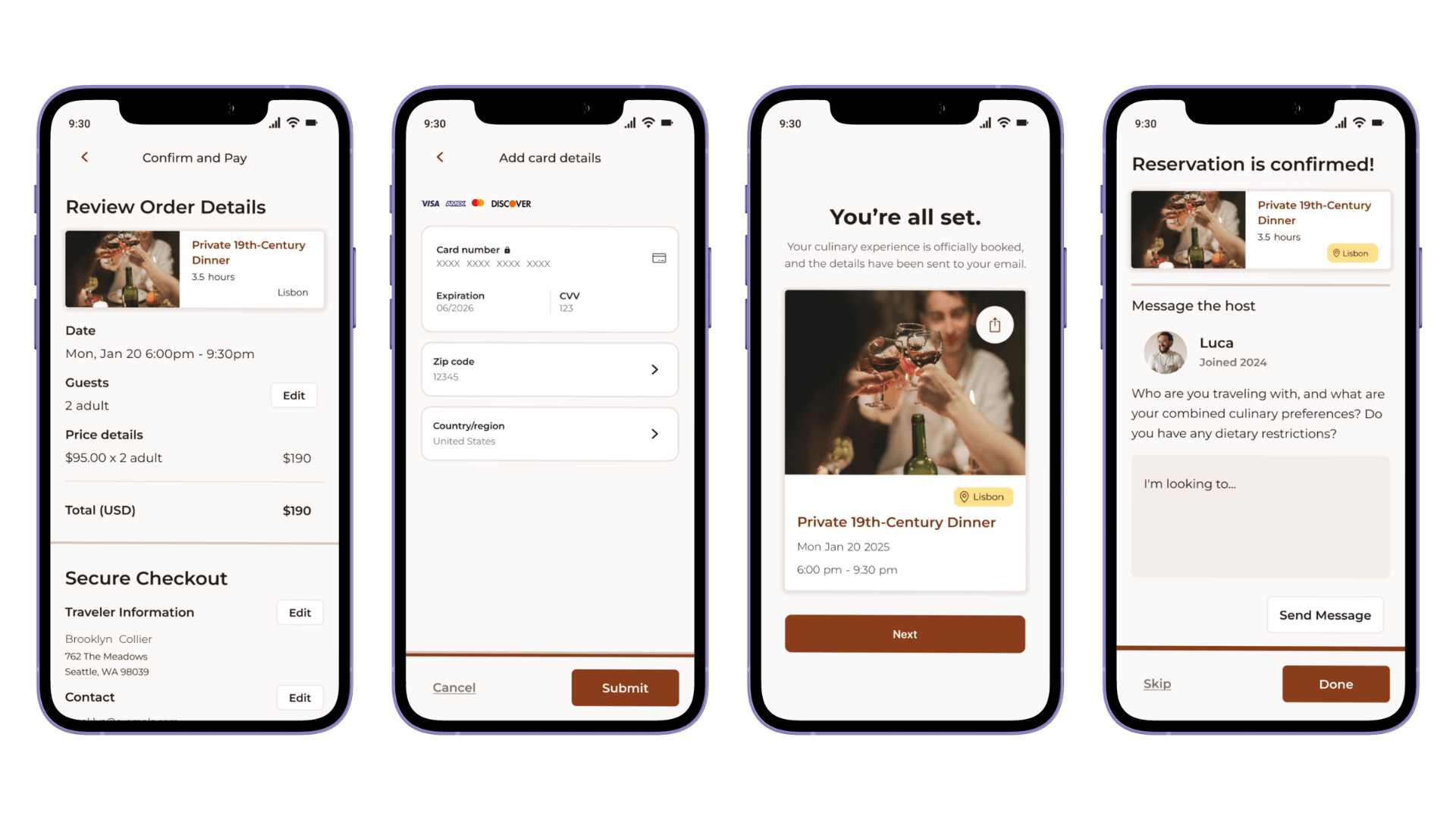 A four-step mobile checkout sequence including order review, secure payment entry, a "You're all set" confirmation, and a post-booking message interface for the host.