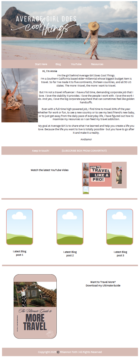 Annie's original homepage: hero photo, intro text, blog and YouTube sections, all in a consistent pink accent with no formal design system.