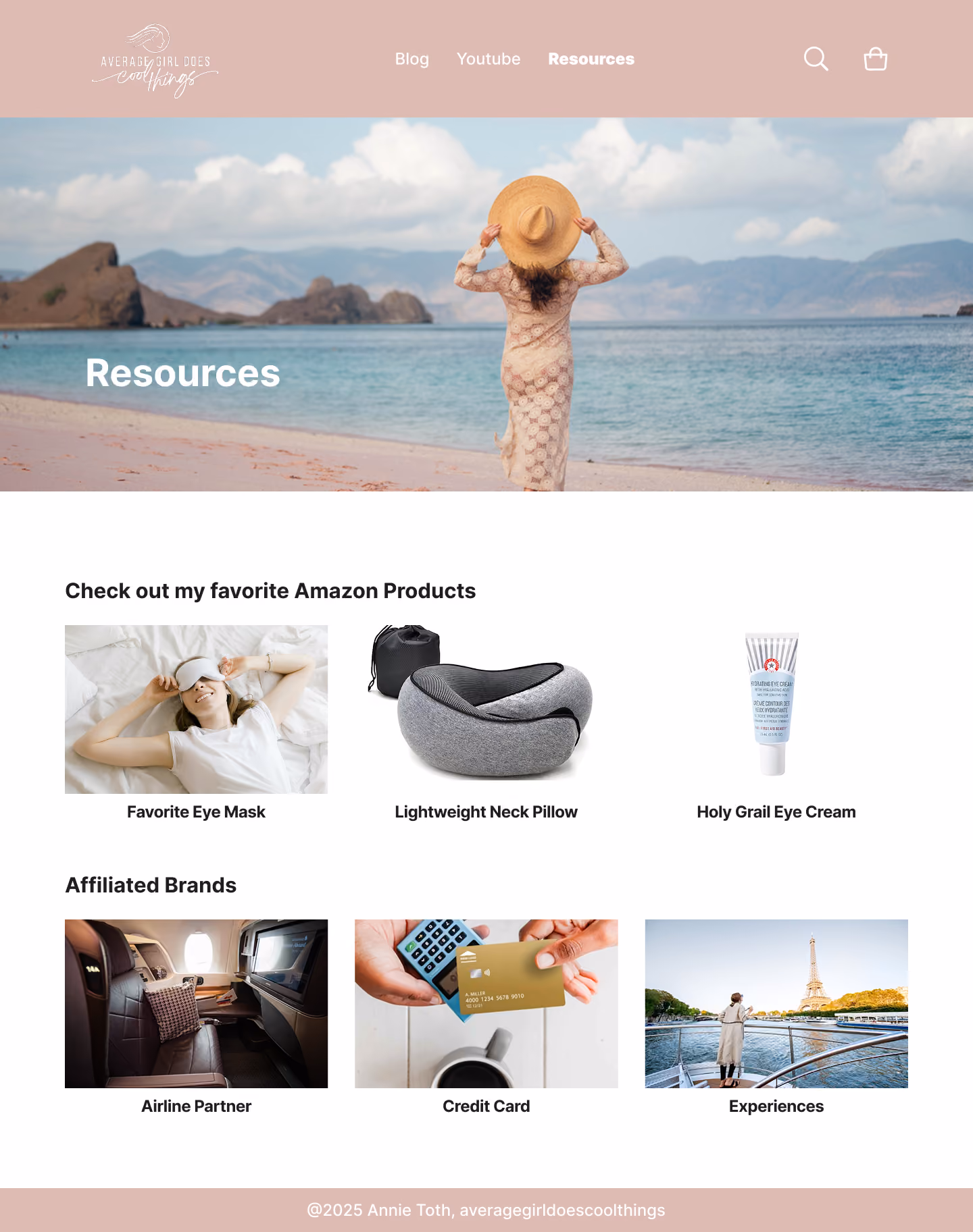 Resources page with a beach hero image, a "Check out my favorite Amazon Products" section featuring an eye mask, neck pillow, and eye cream, and an "Affiliated Brands" section featuring airline, credit card, and experience partners.