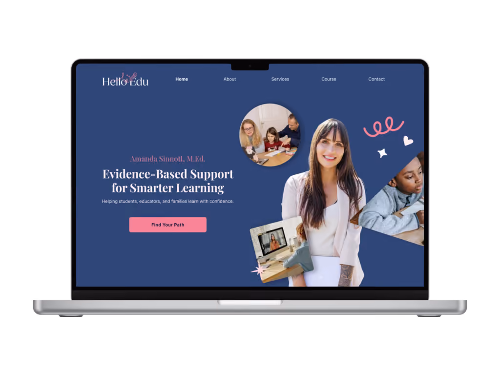 A laptop mockup displays the Hello Edu hero section featuring a navy background, a pink "Find Your Path" button, and professional photography focused on personalized learning.