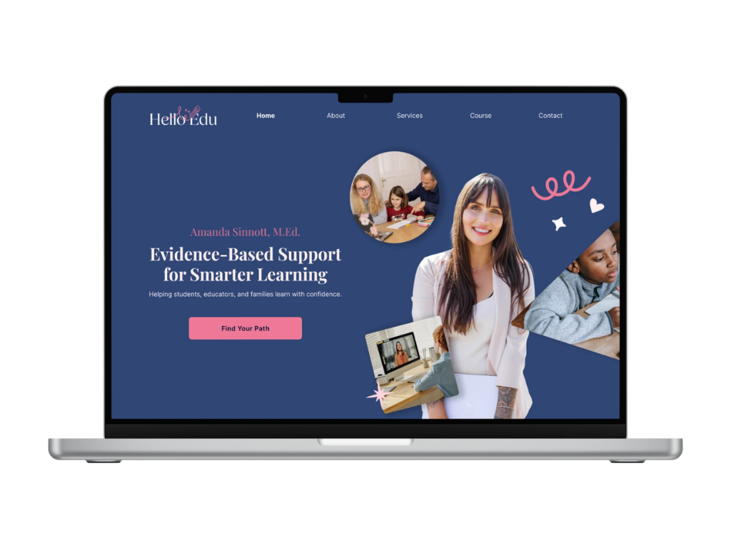 A laptop mockup displays the Hello Edu hero section featuring a navy background, a pink "Find Your Path" button, and professional photography focused on personalized learning.