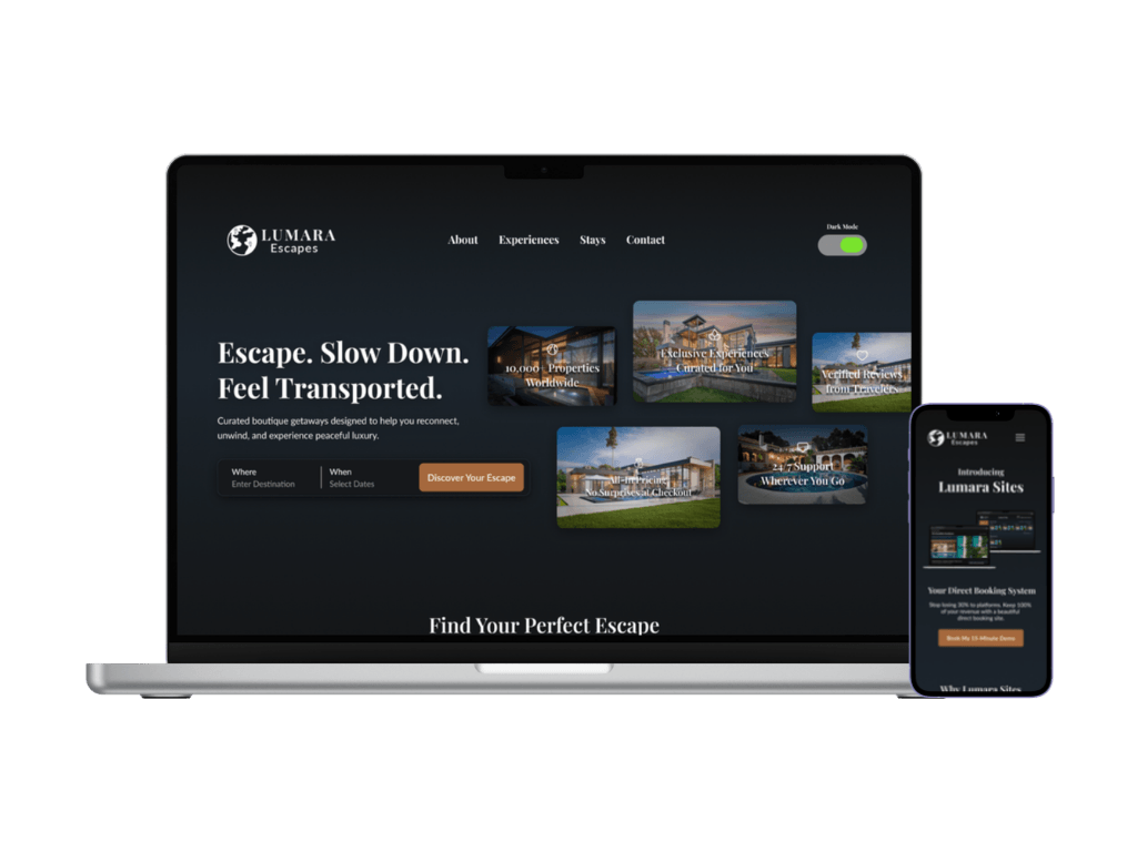 A responsive design showcase featuring a dark-themed luxury travel website on a laptop and smartphone, highlighting boutique getaways with high-end imagery and a sleek booking interface.
