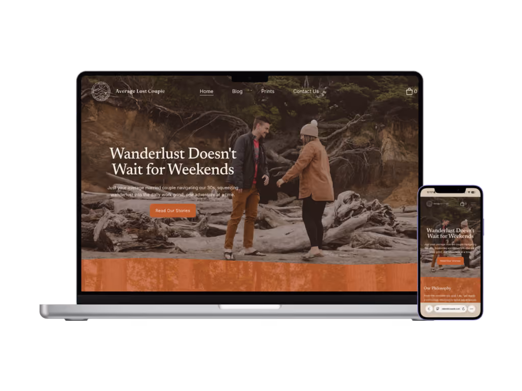 Average Lost Couple website shown on laptop and mobile, featuring the hero section with the headline 'Wanderlust Doesn't Wait for Weekends' over a photo of a couple holding hands on a driftwood-covered beach.