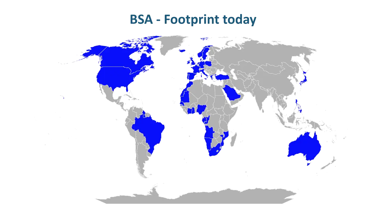 World map highlighting countries in blue where BSA Offshore has a footprint today.
